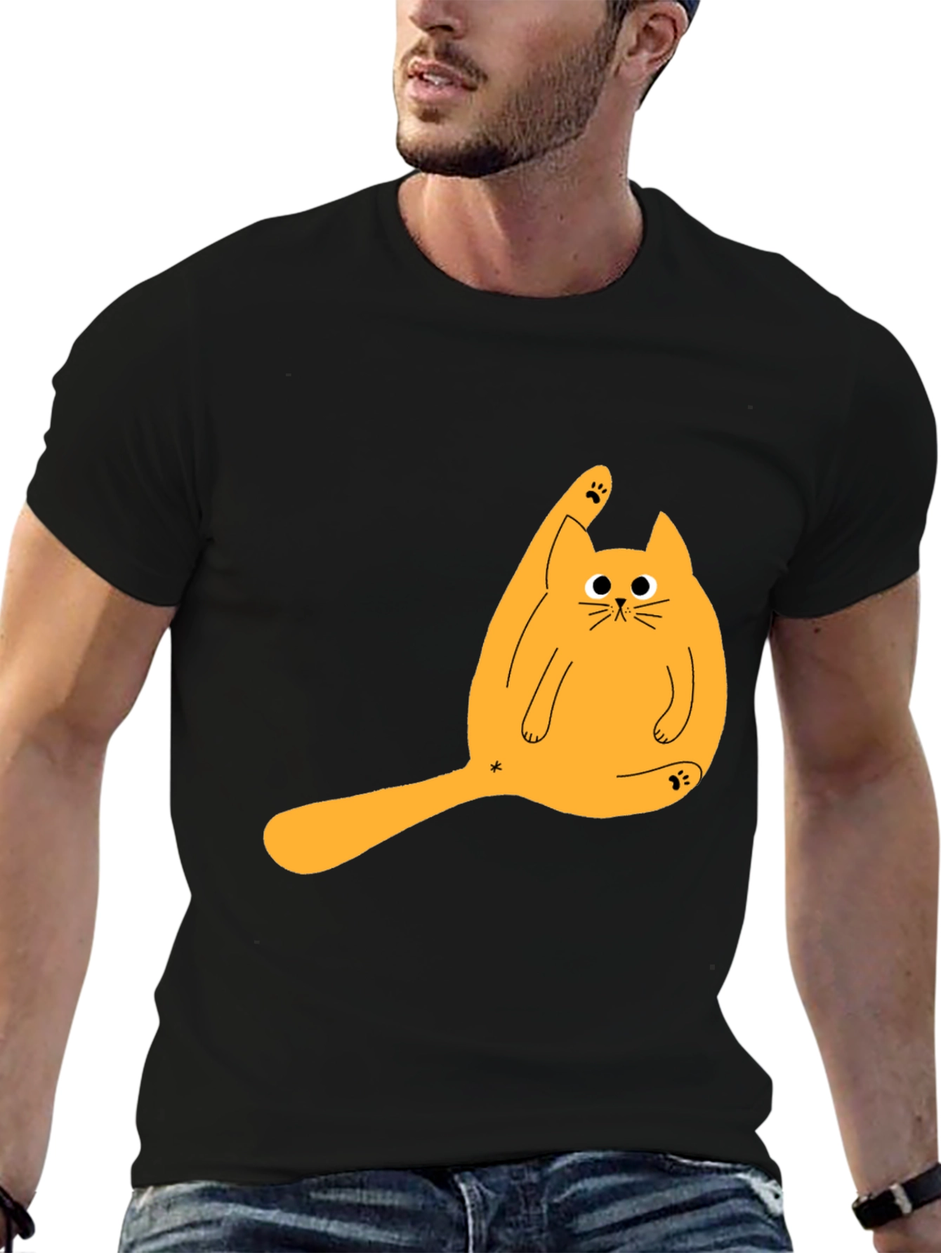 Funny Cat Licking Paw Graphic Tee - Black T-Shirt