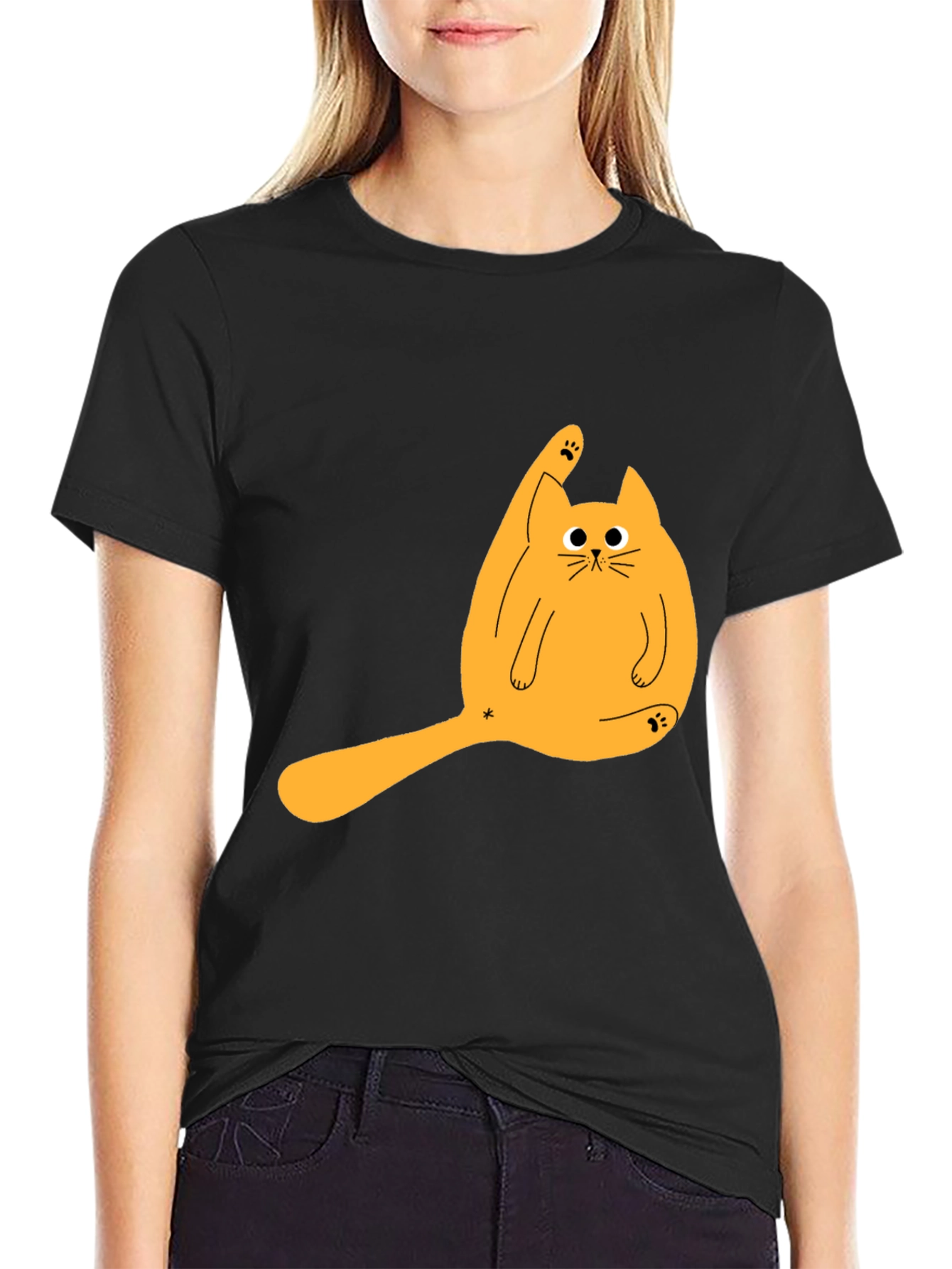 Funny Cat Licking Paw Graphic Tee - Black T-Shirt
