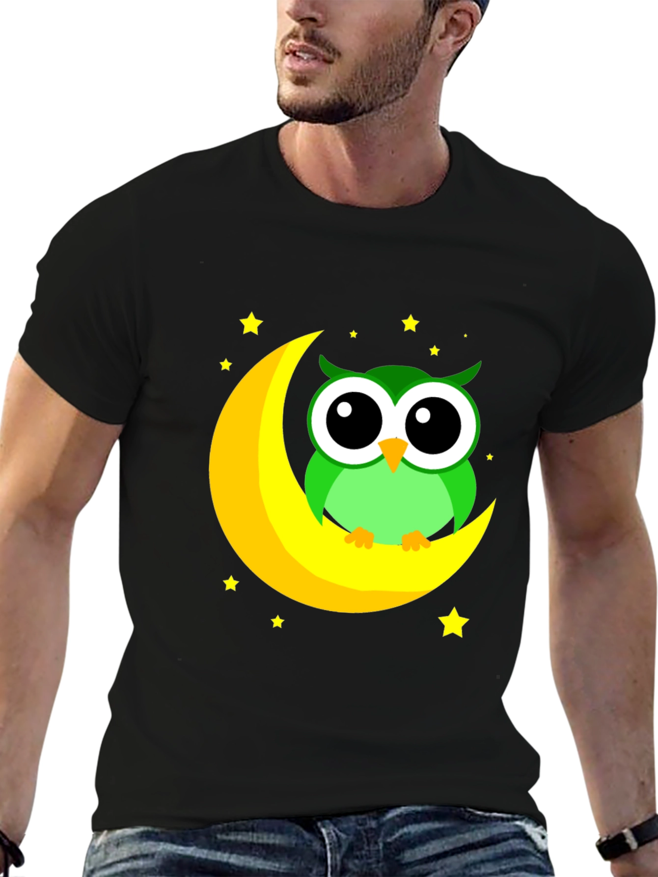 Owl on Moon Graphic Tee - Black Cotton Blend