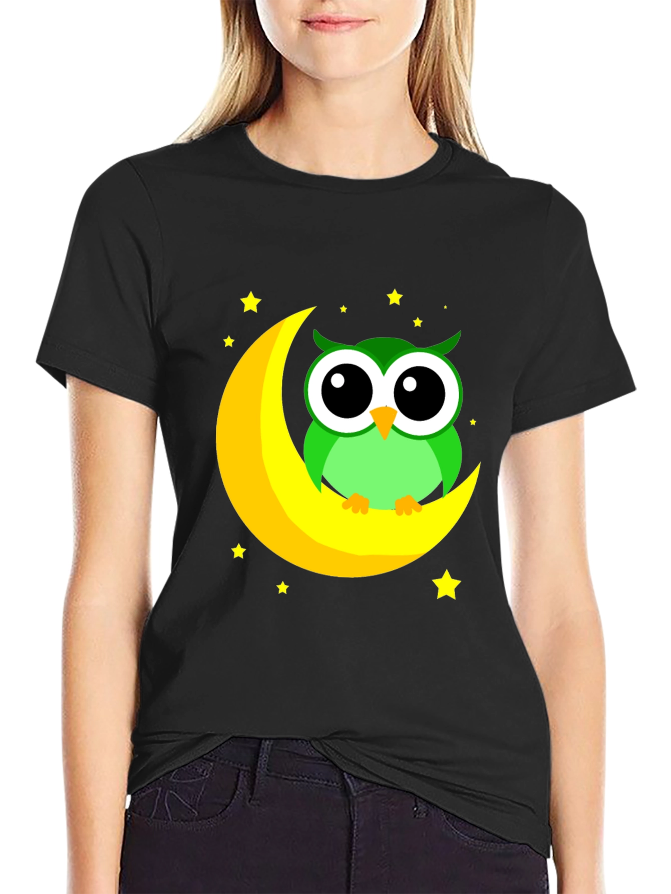 Owl on Moon Graphic Tee - Black Cotton Blend