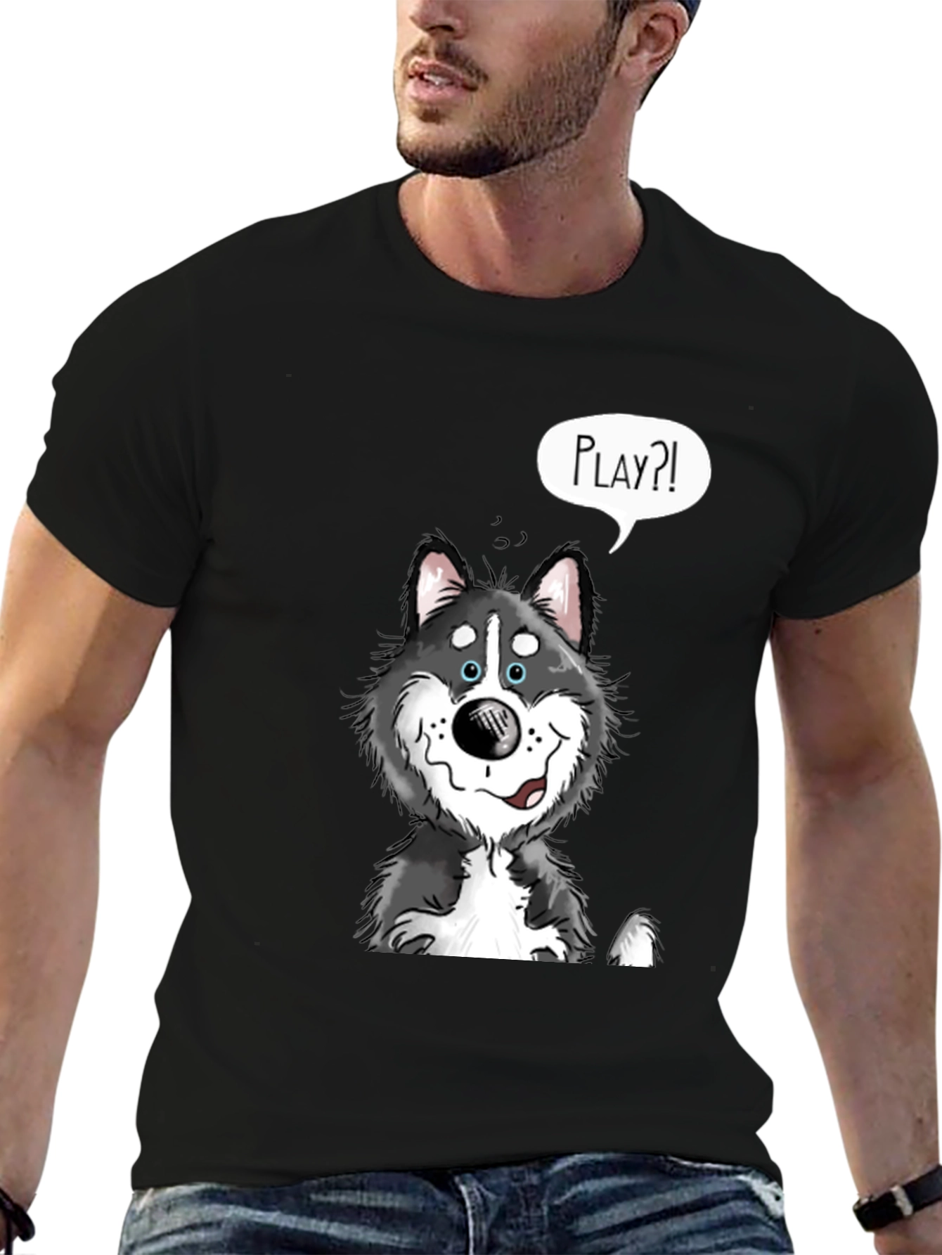 Playful Husky Graphic Tee - Black Cotton Shirt