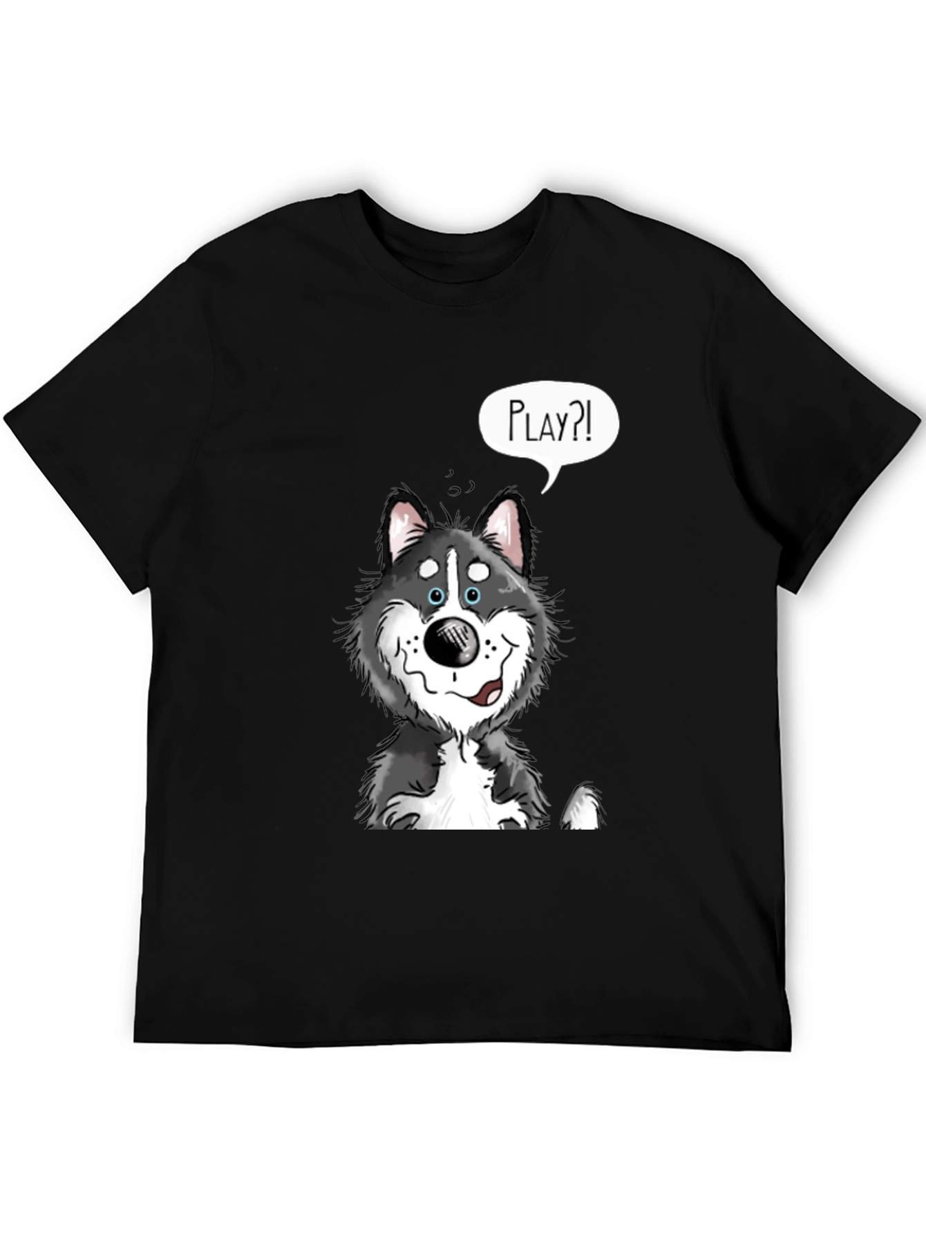 Playful Husky Graphic Tee - Black Cotton Shirt