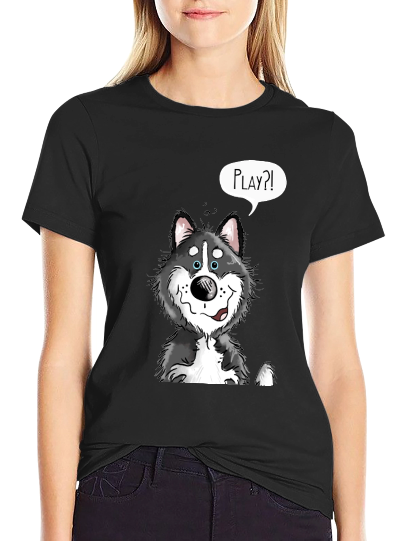 Playful Husky Graphic Tee - Black Cotton Shirt