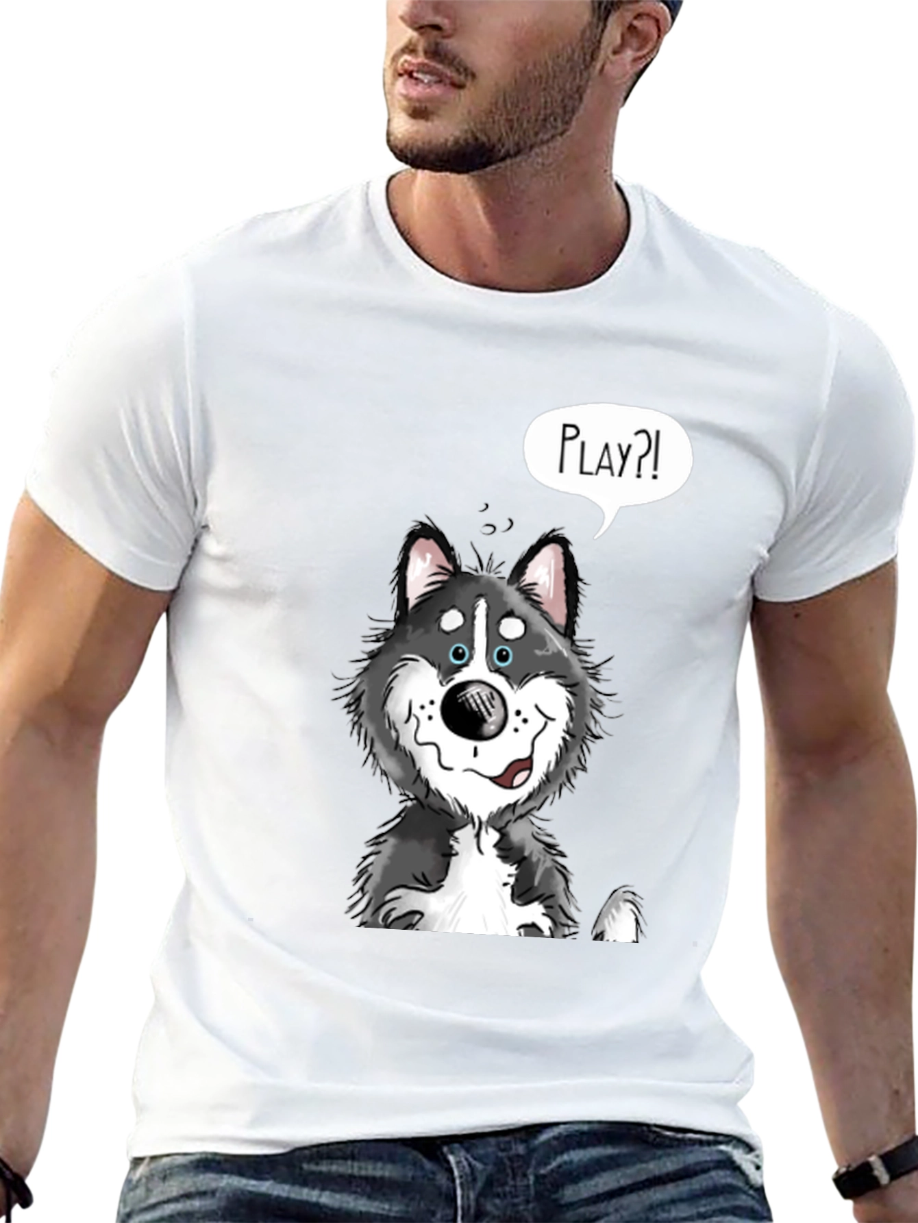 Playful Husky Graphic Tee - Black Cotton Shirt