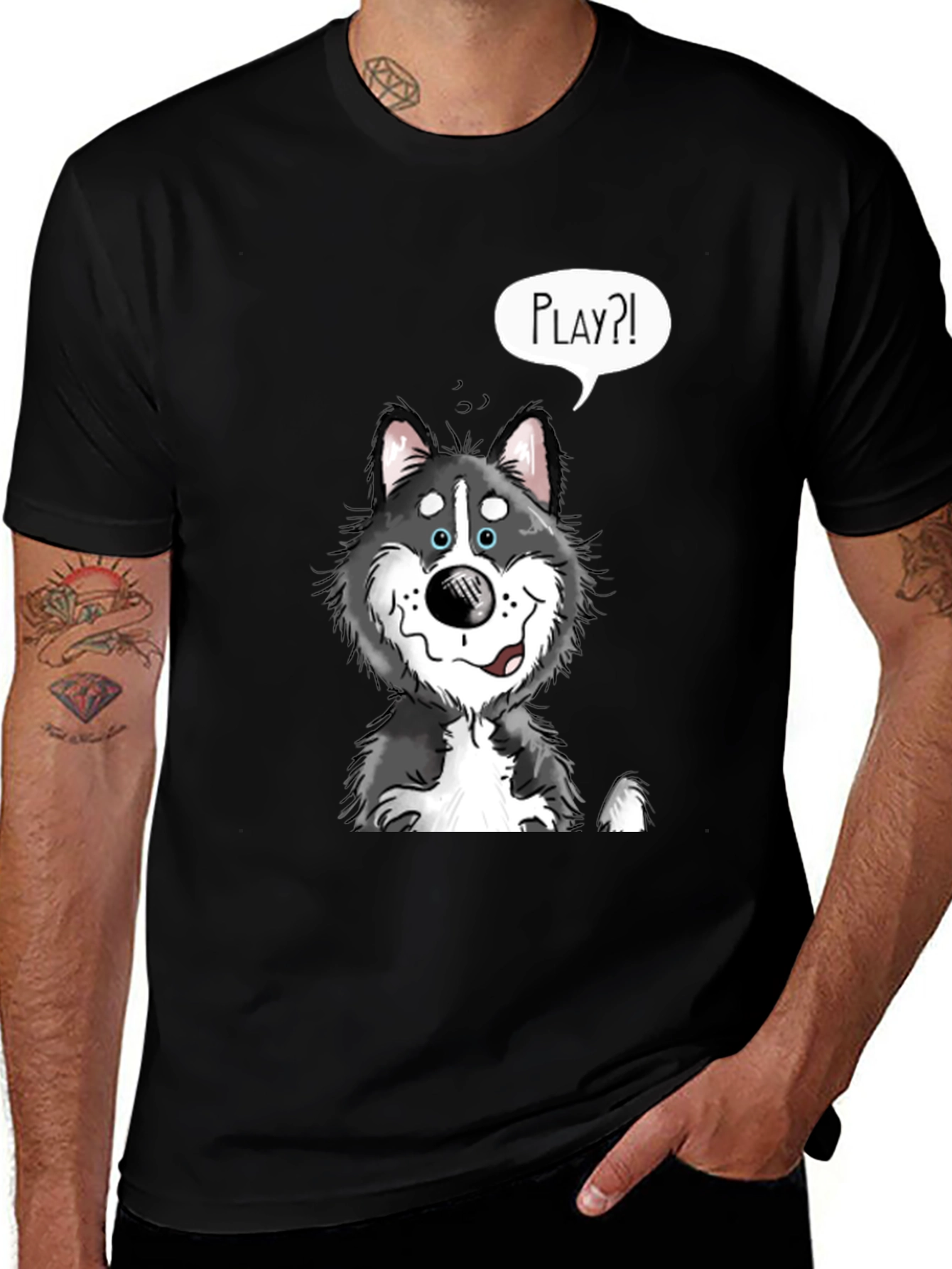 Playful Husky Graphic Tee - Black Cotton Shirt