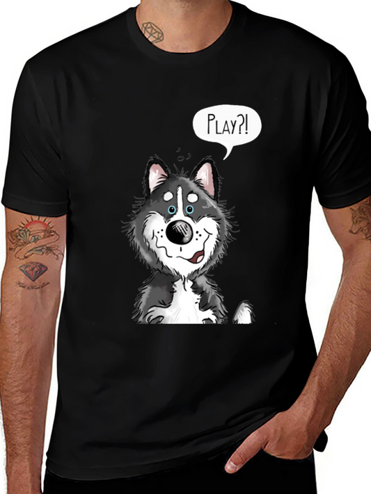 Playful Husky Graphic Tee - Black Cotton Shirt
