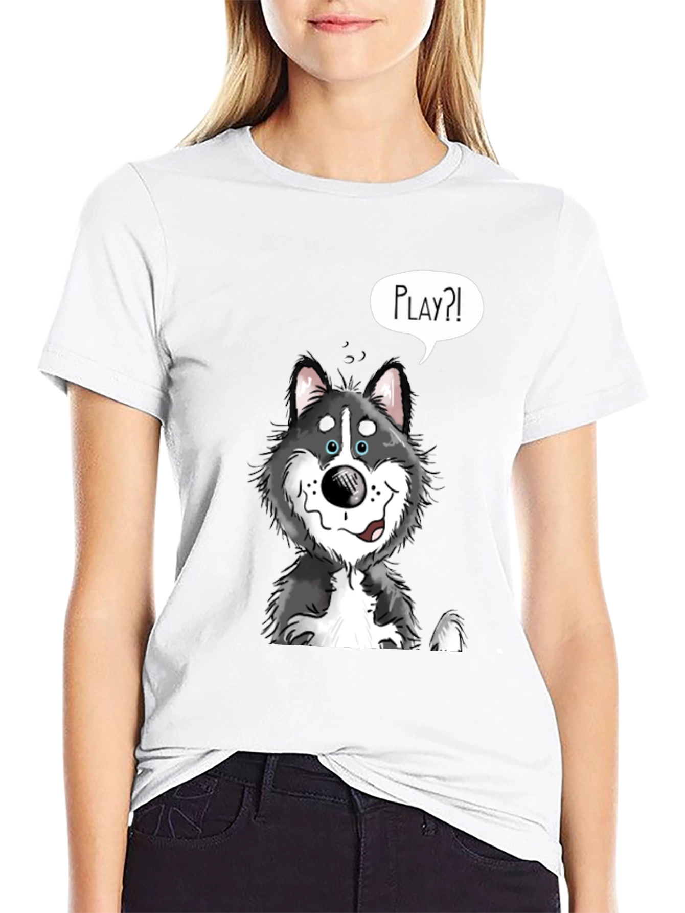 Playful Husky Graphic Tee - Black Cotton Shirt