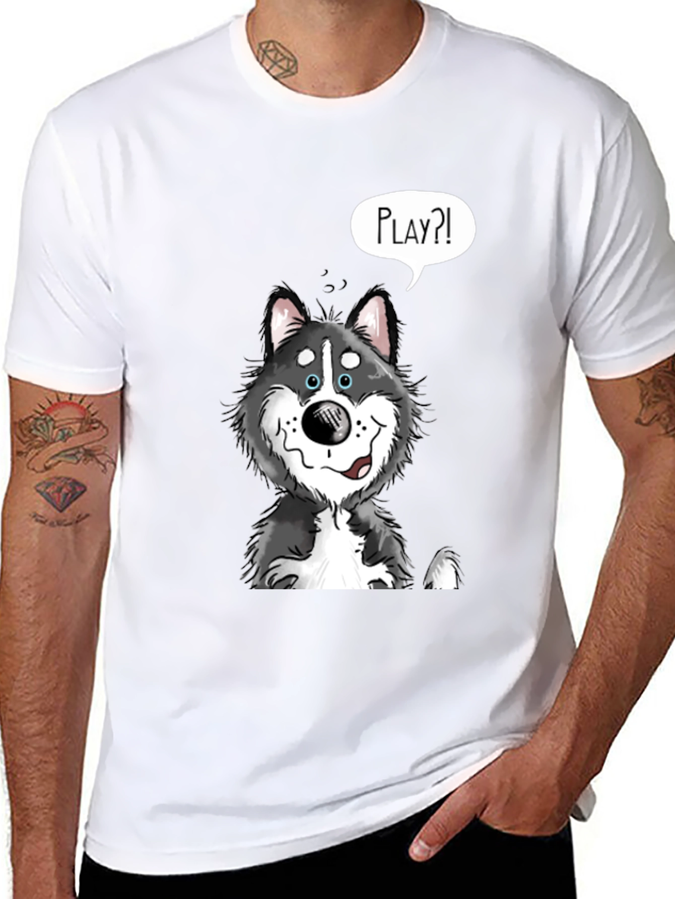 Playful Husky Graphic Tee - Black Cotton Shirt