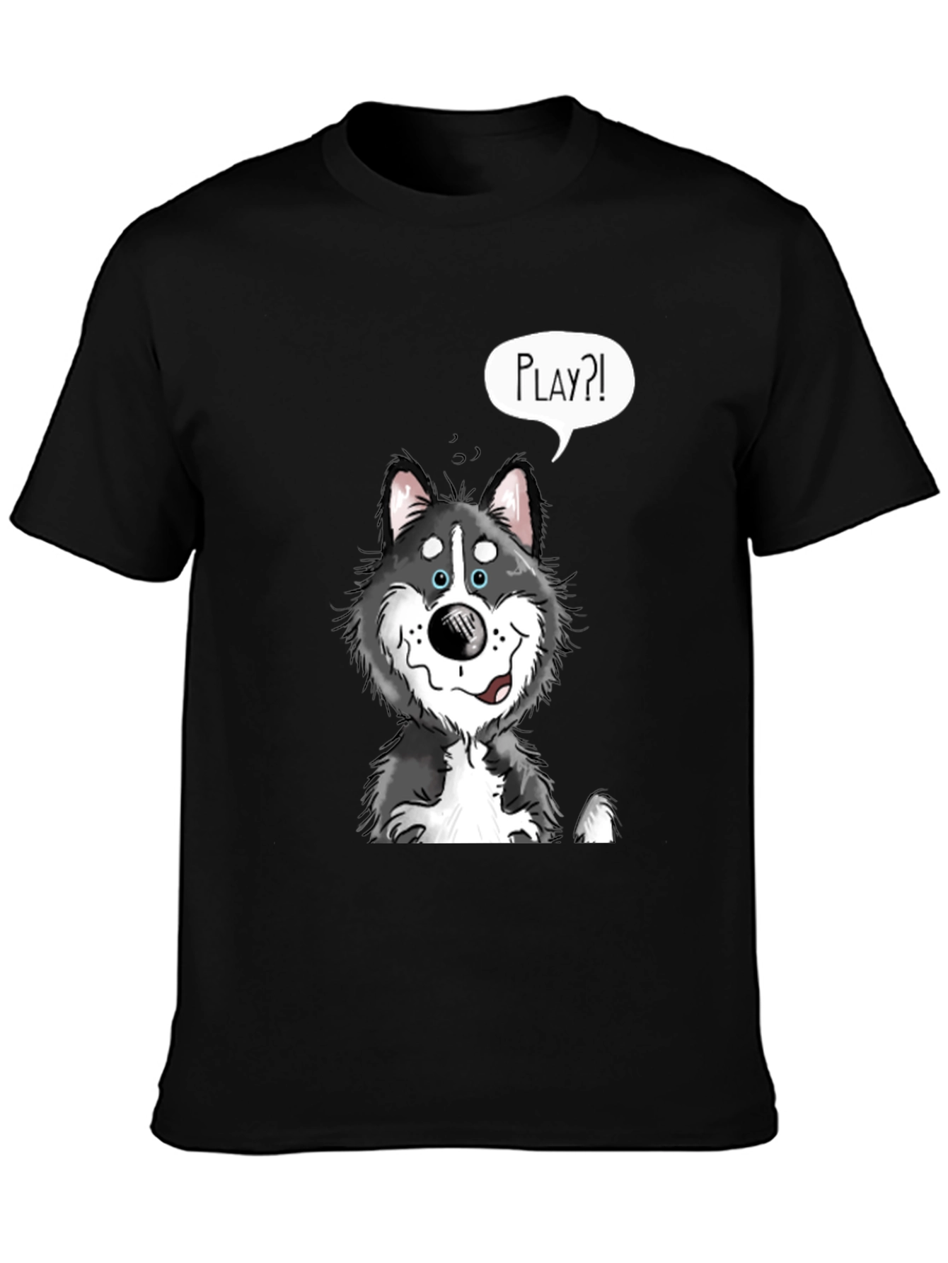 Playful Husky Graphic Tee - Black Cotton Shirt