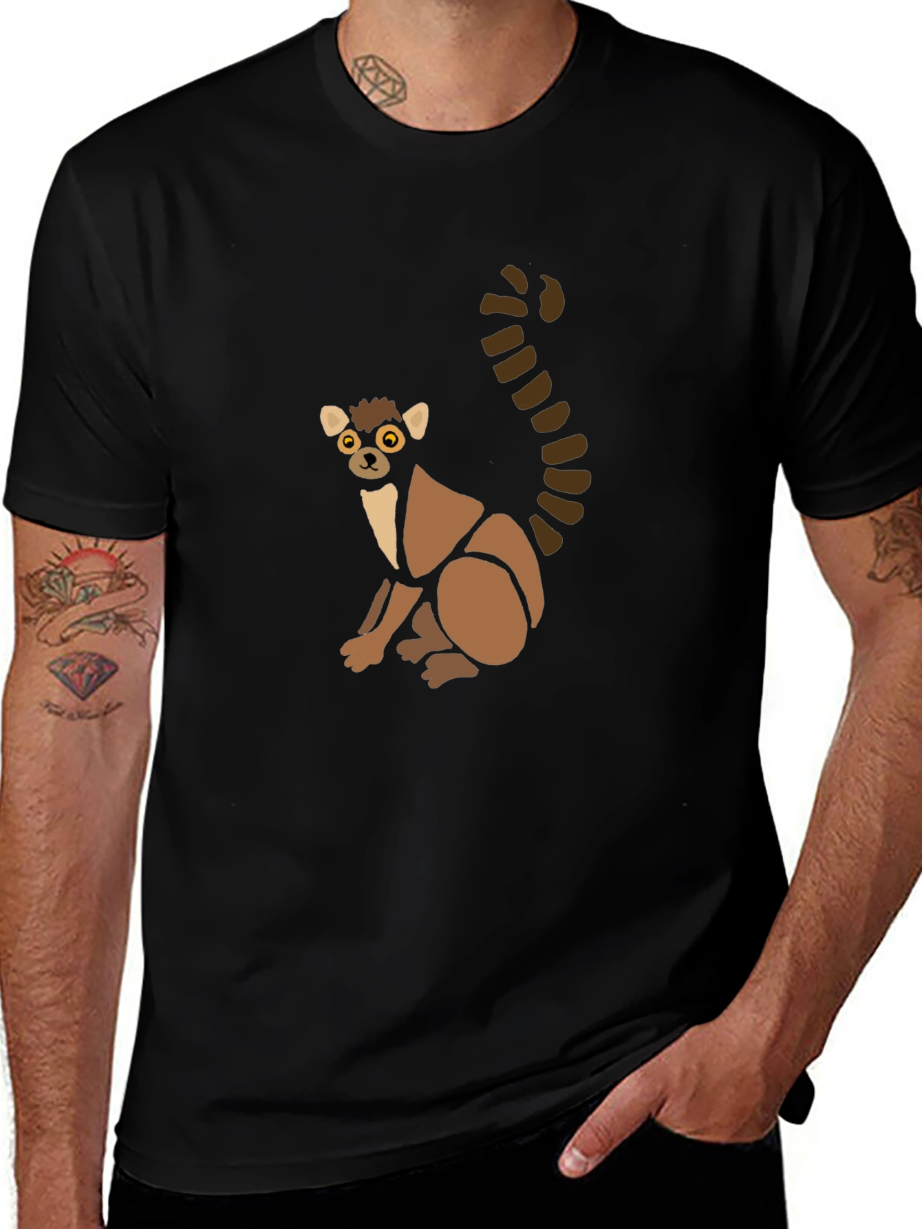 Cute Lemur Graphic Tee - Black Cotton T-Shirt