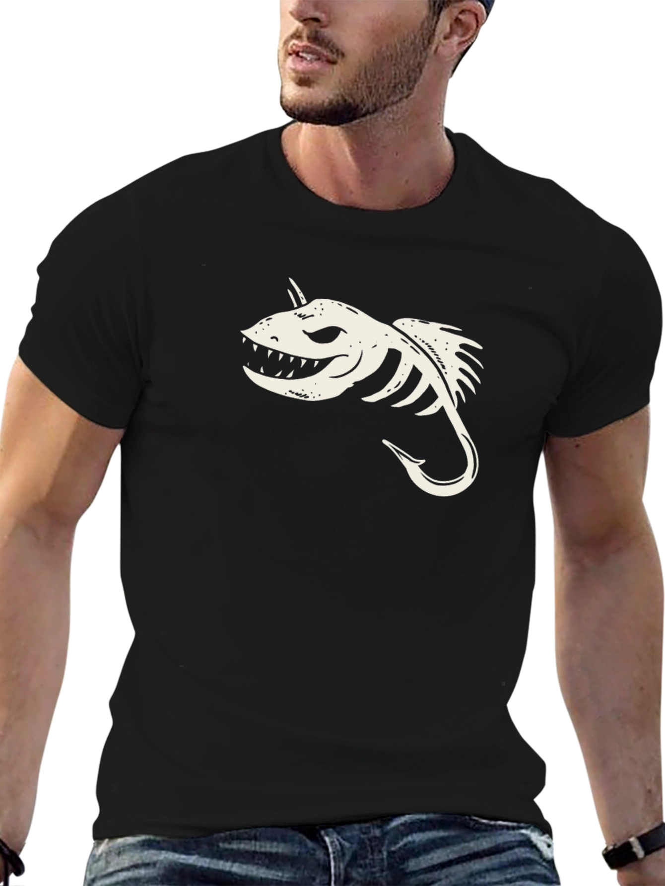 Black T-Shirt with Skeletal Fish Hook Graphic