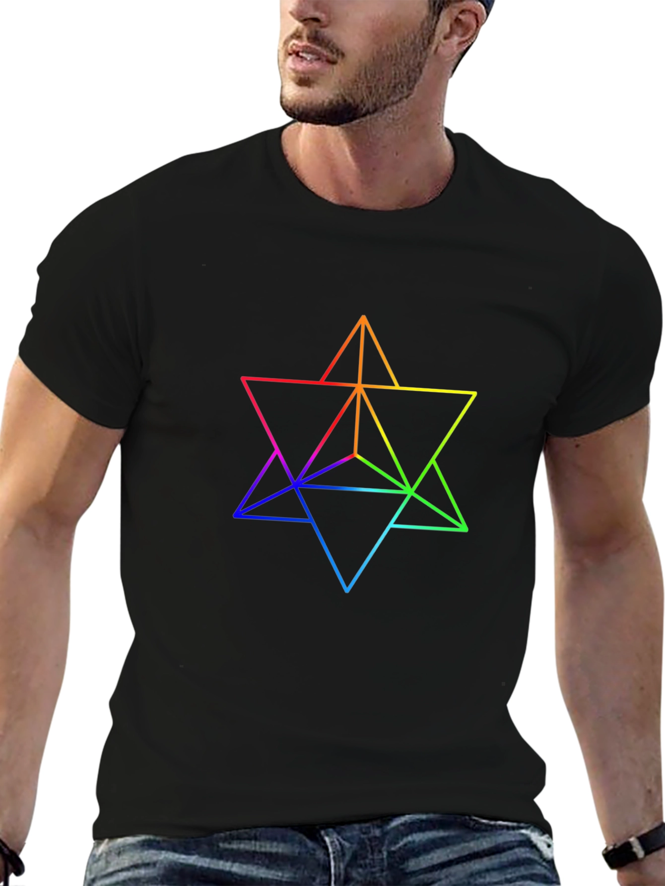 Rainbow Geometric Star T-Shirt - Black