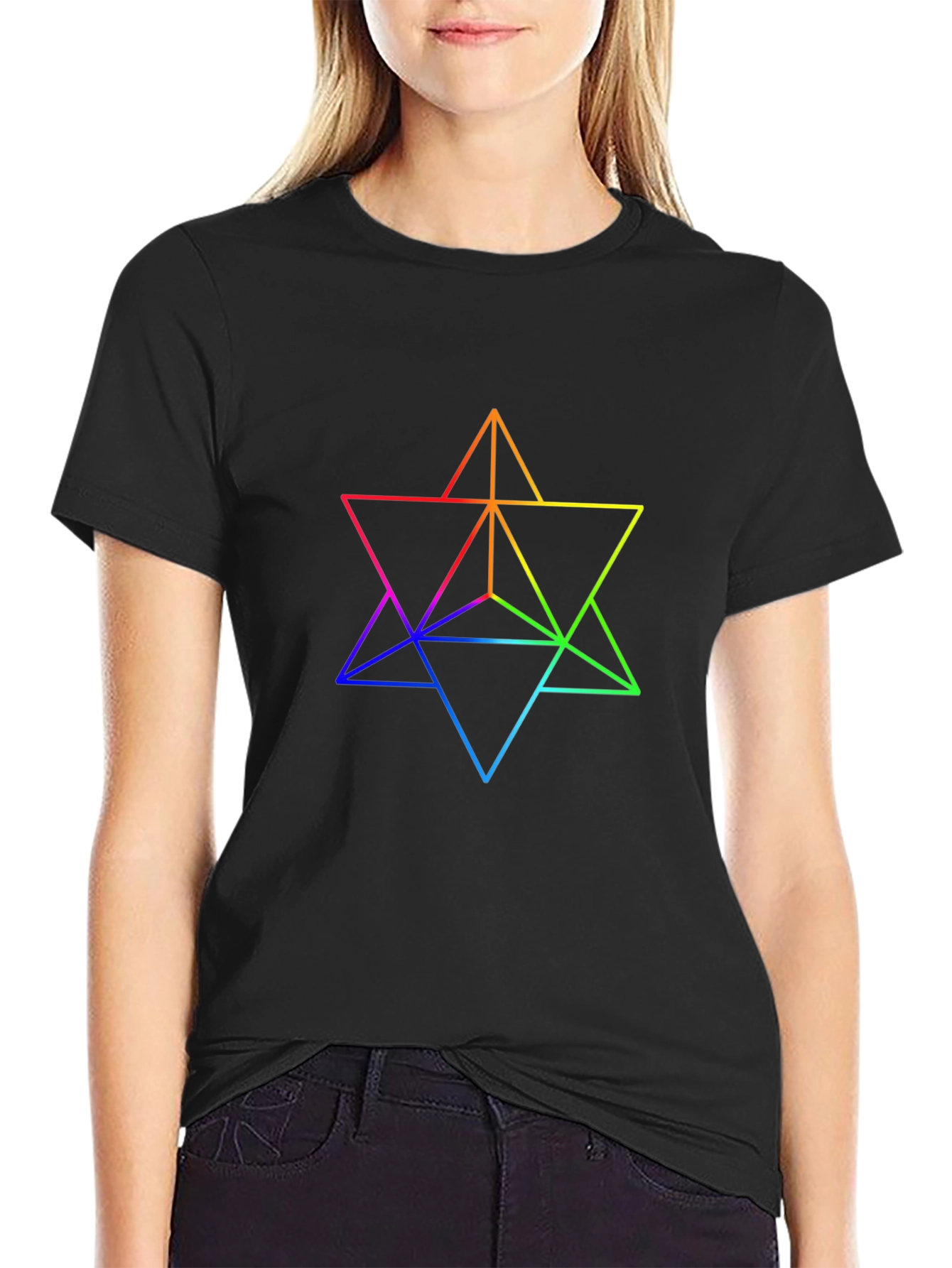Rainbow Geometric Star T-Shirt - Black