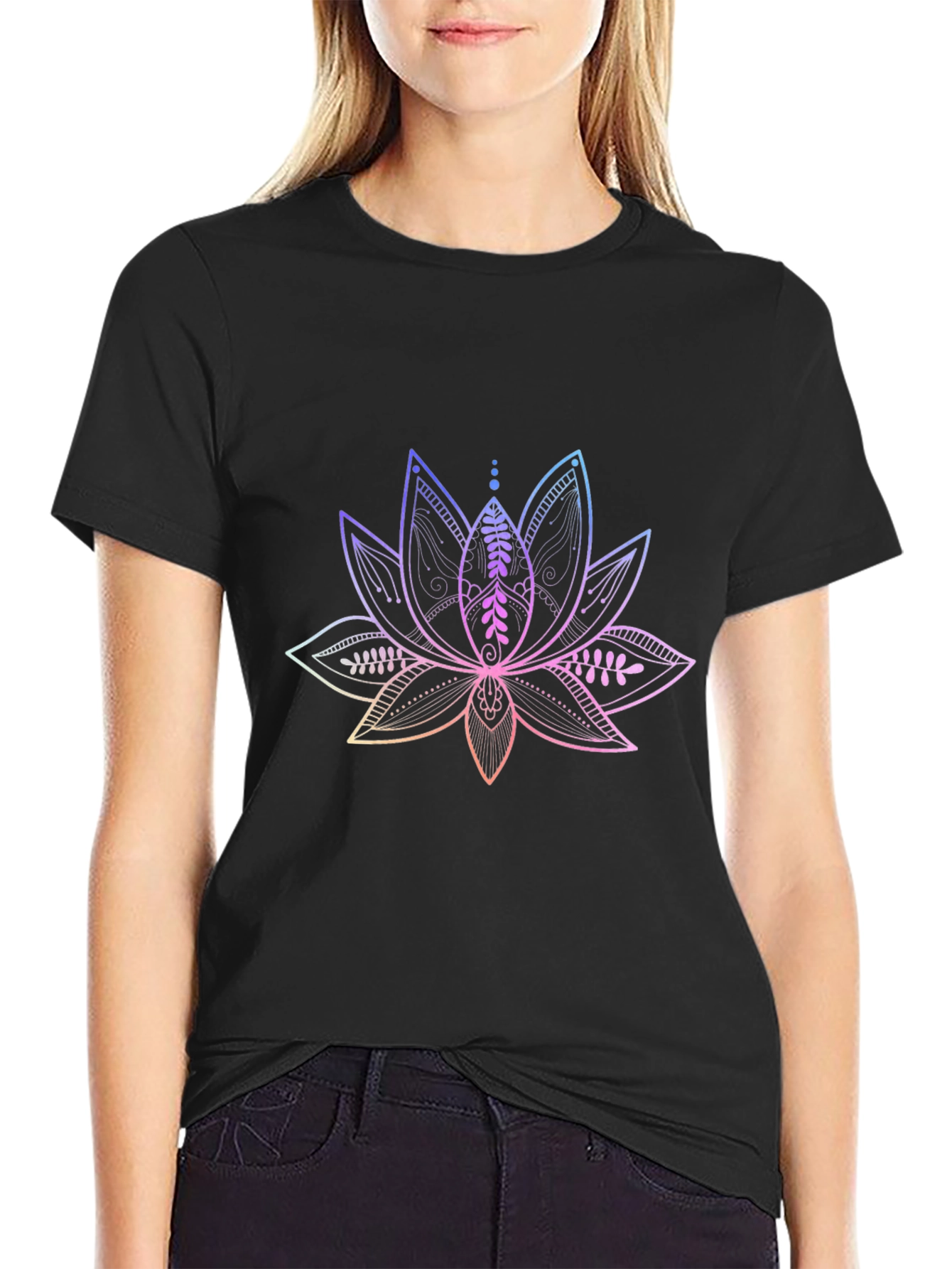 Lotus Flower Graphic Print Black T-Shirt