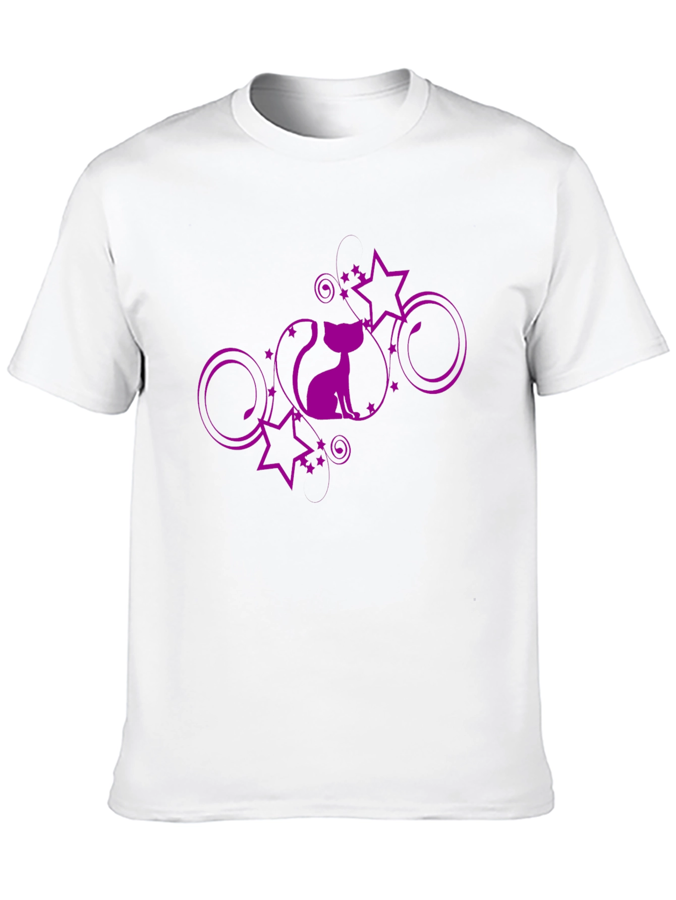 Stylish Black T-Shirt with Purple Cat and Stars Design