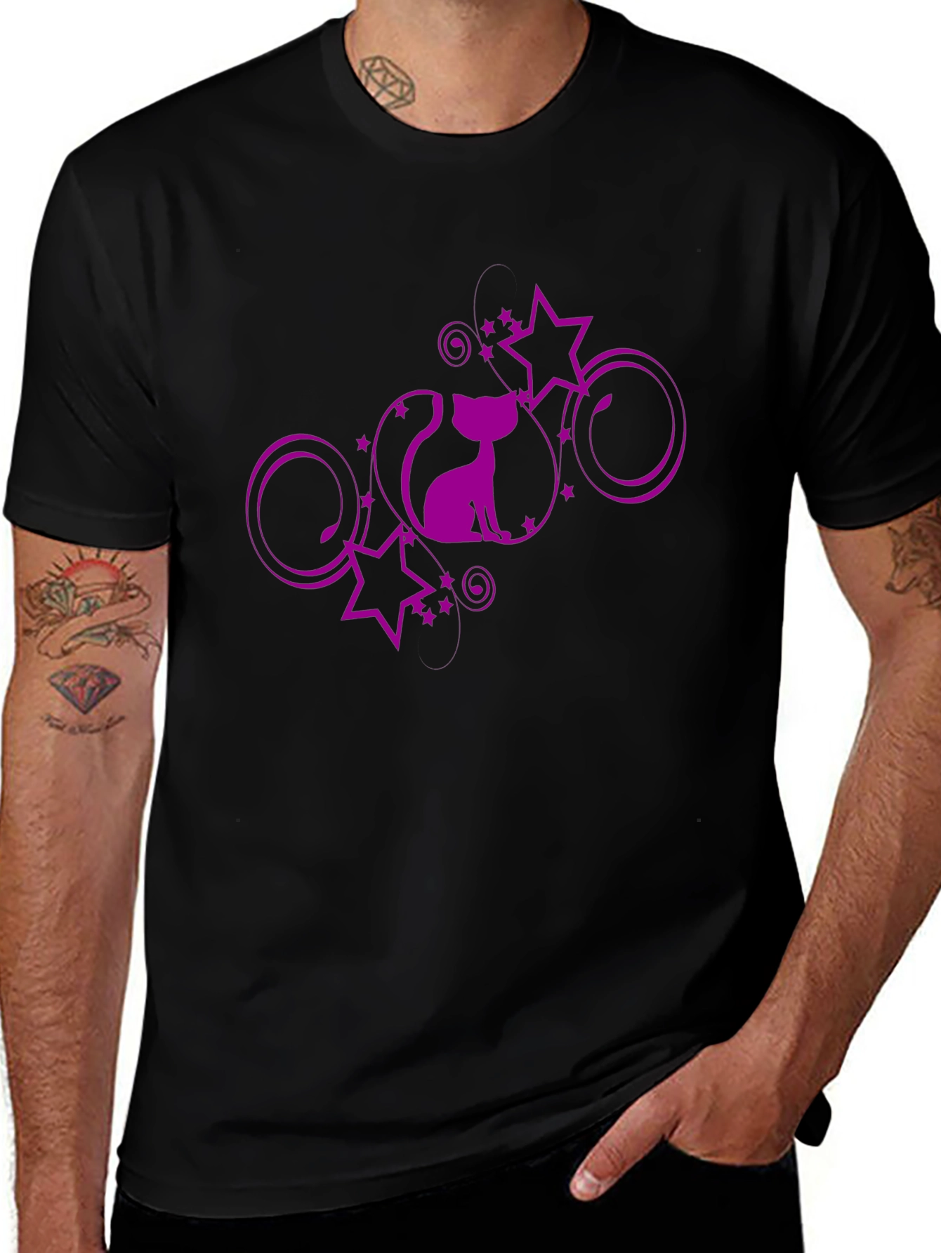 Stylish Black T-Shirt with Purple Cat and Stars Design