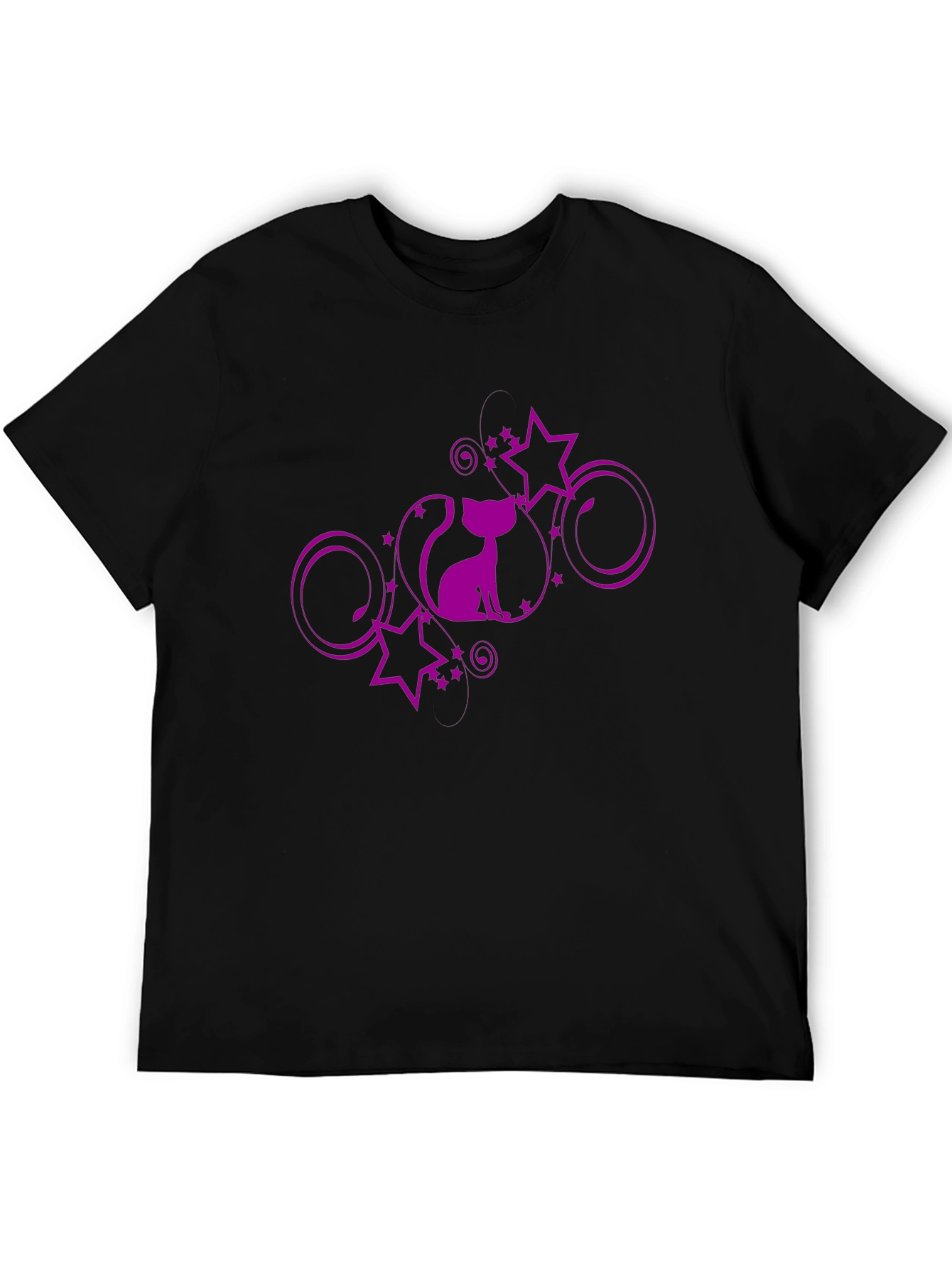 Stylish Black T-Shirt with Purple Cat and Stars Design
