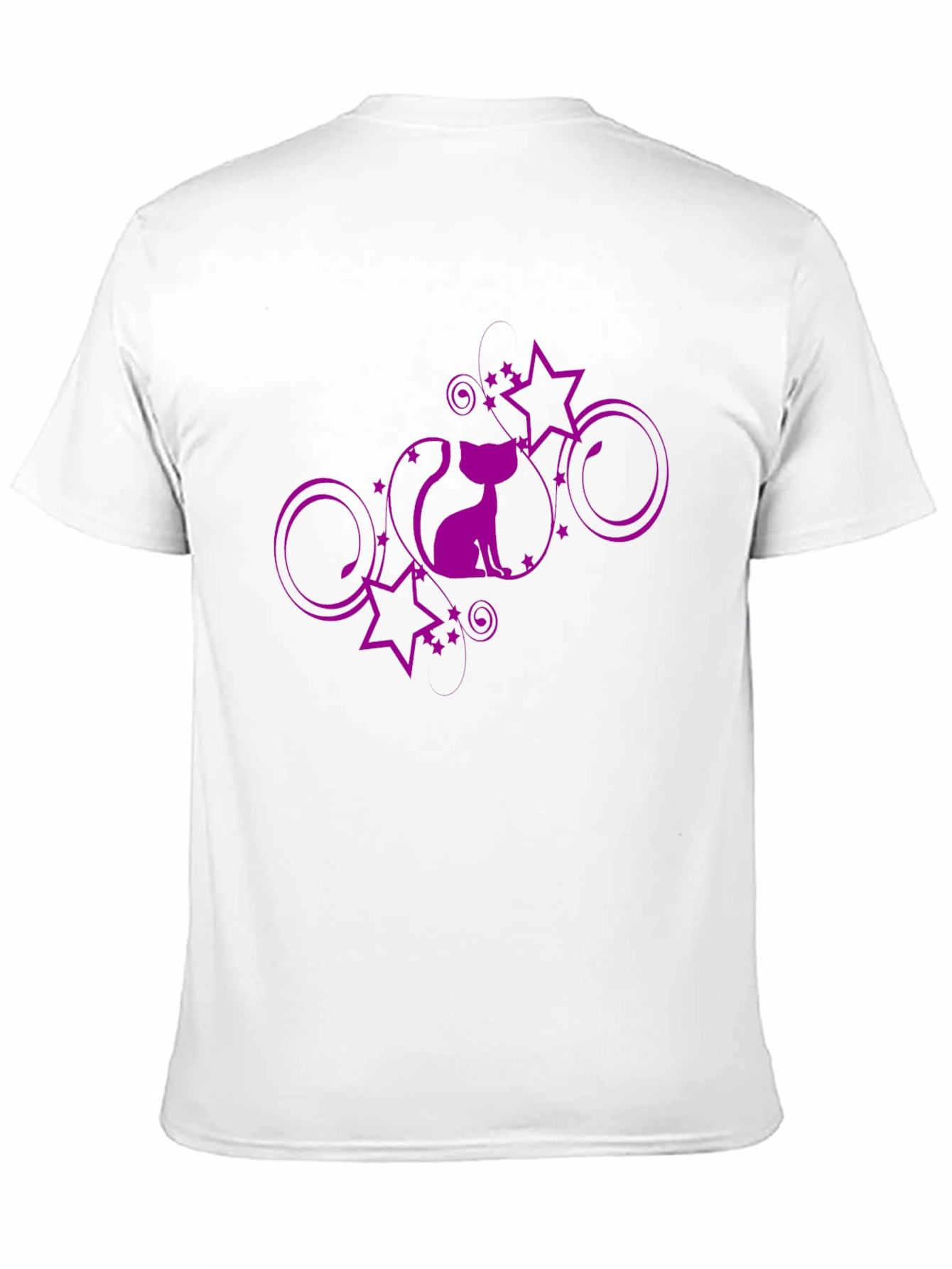 Stylish Black T-Shirt with Purple Cat and Stars Design