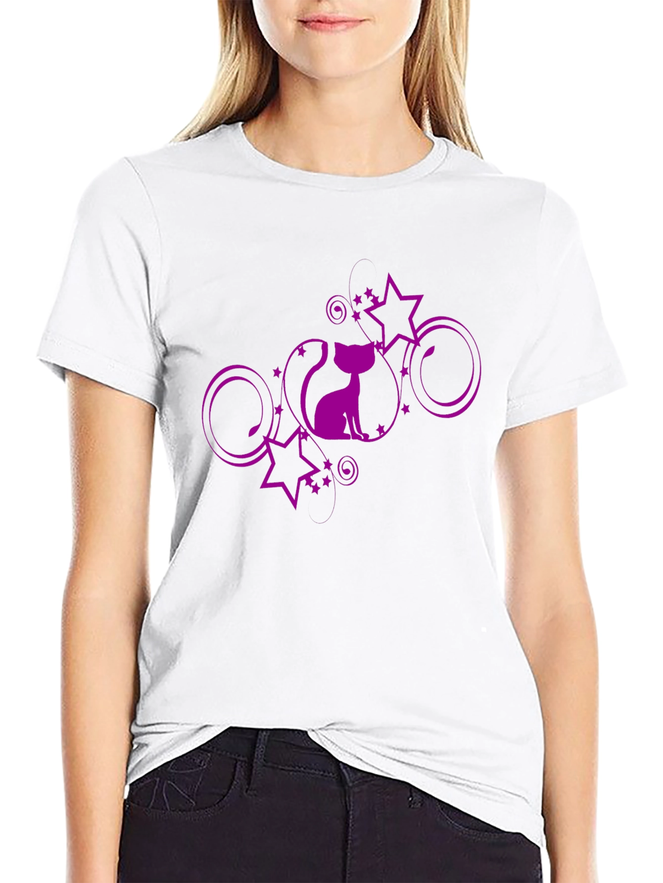 Stylish Black T-Shirt with Purple Cat and Stars Design