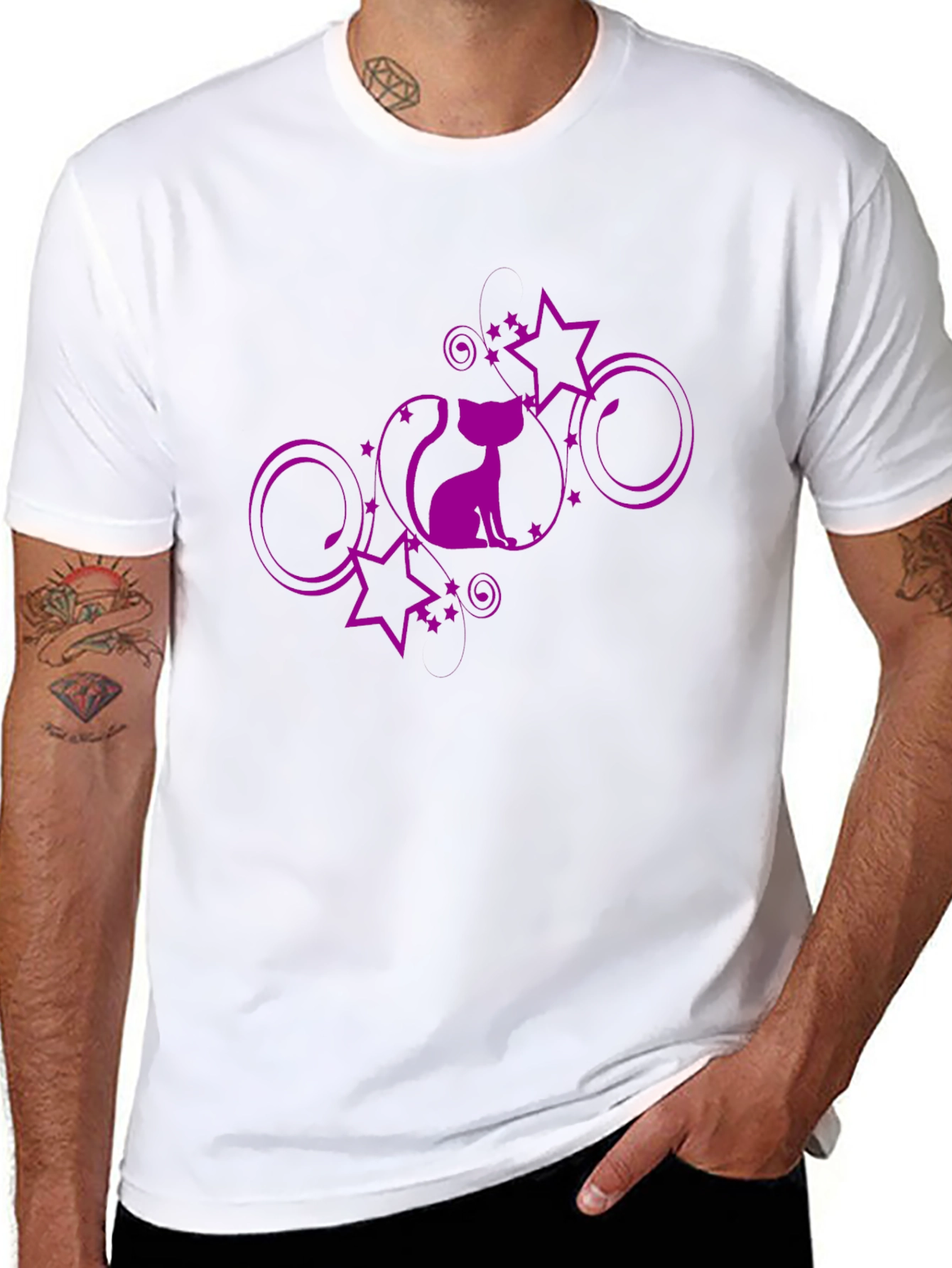 Stylish Black T-Shirt with Purple Cat and Stars Design