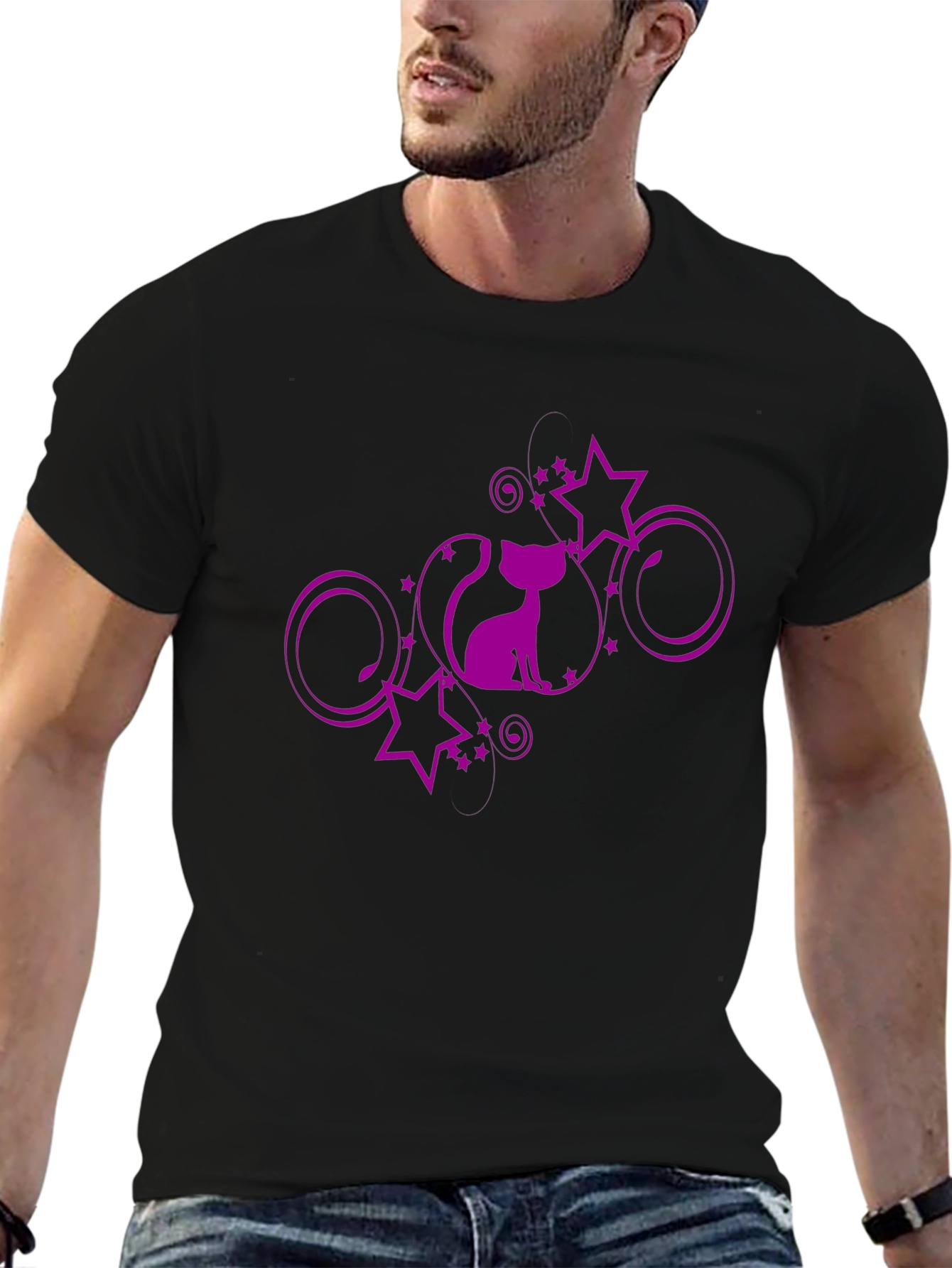 Stylish Black T-Shirt with Purple Cat and Stars Design
