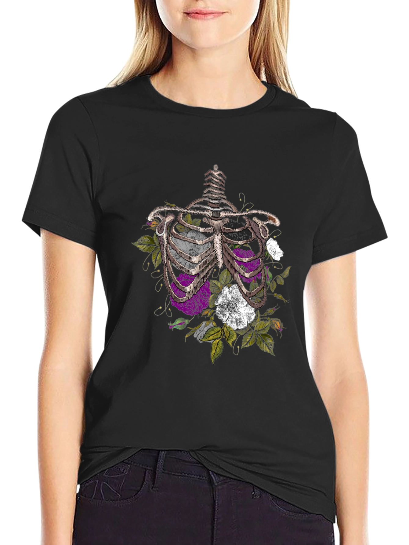 Floral Rib Cage Graphic Tee - Black