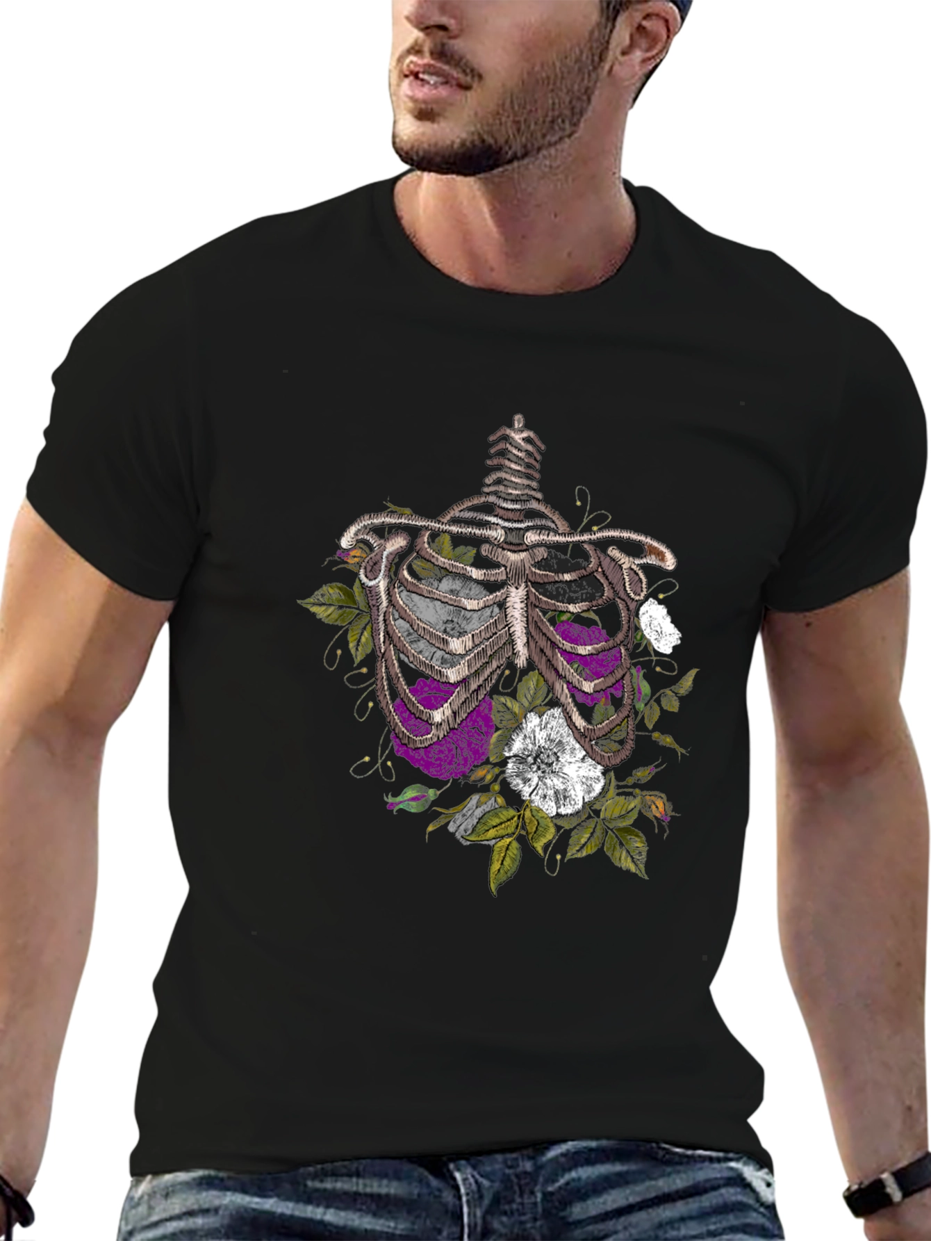 Floral Rib Cage Graphic Tee - Black