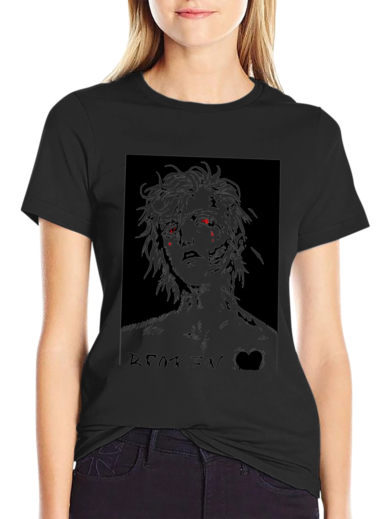 Broken Anime Character Graphic Black T-Shirt