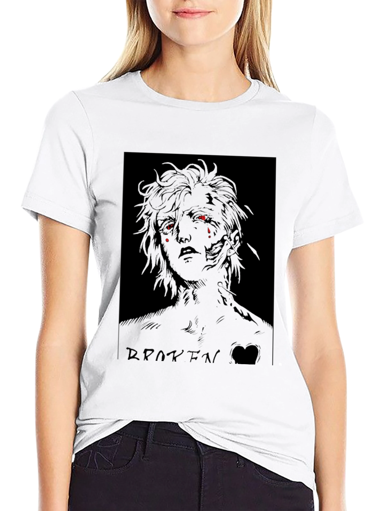 Broken Anime Character Graphic Black T-Shirt
