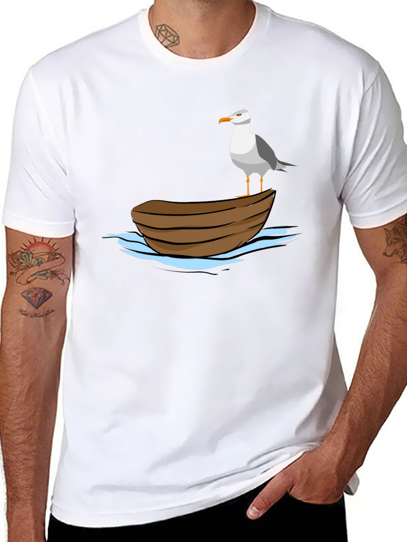 Seagull on Boat Graphic Tee - Black Cotton T-Shirt