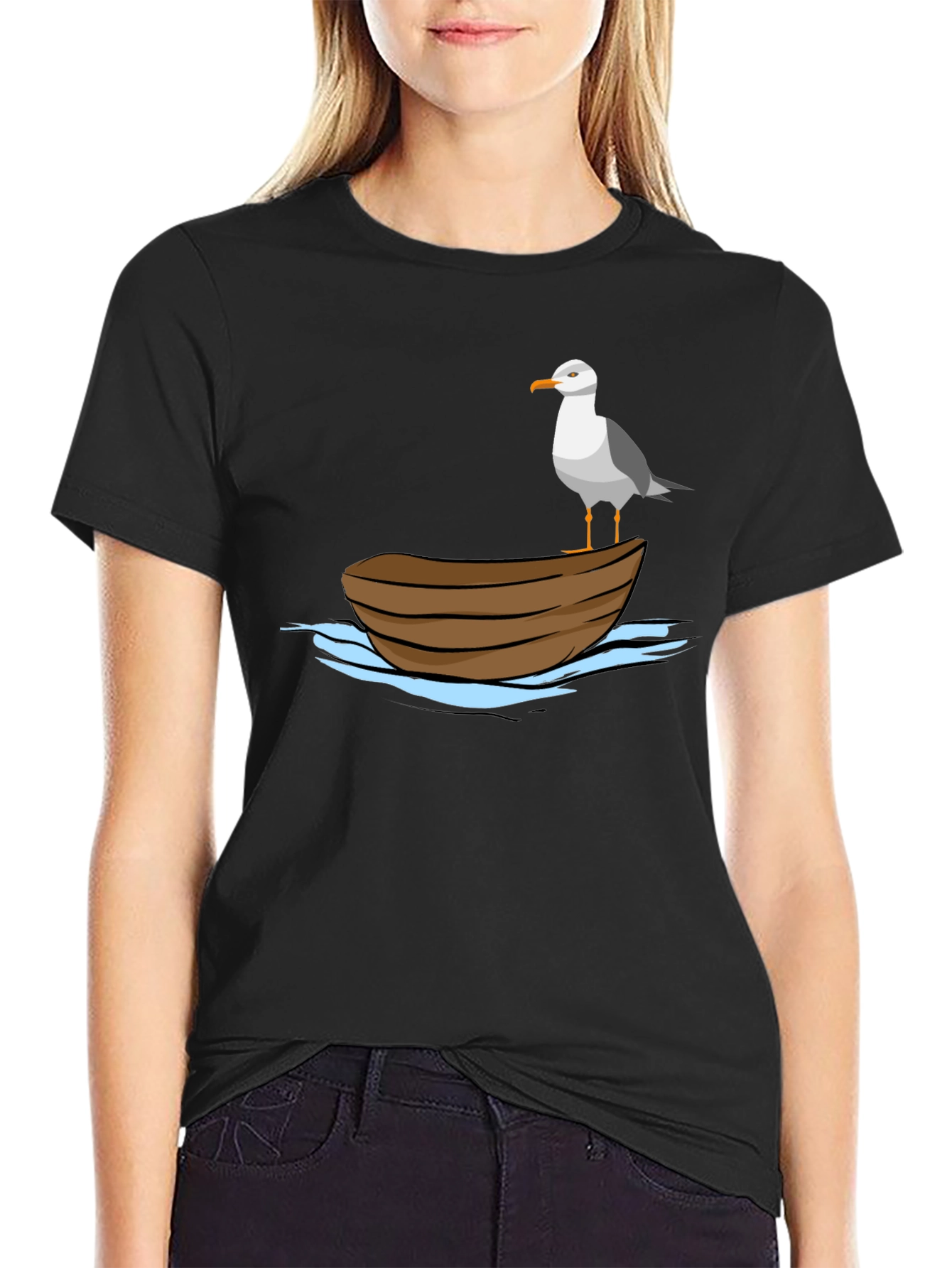 Seagull on Boat Graphic Tee - Black Cotton T-Shirt