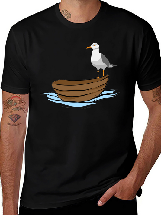 Seagull on Boat Graphic Tee - Black Cotton T-Shirt