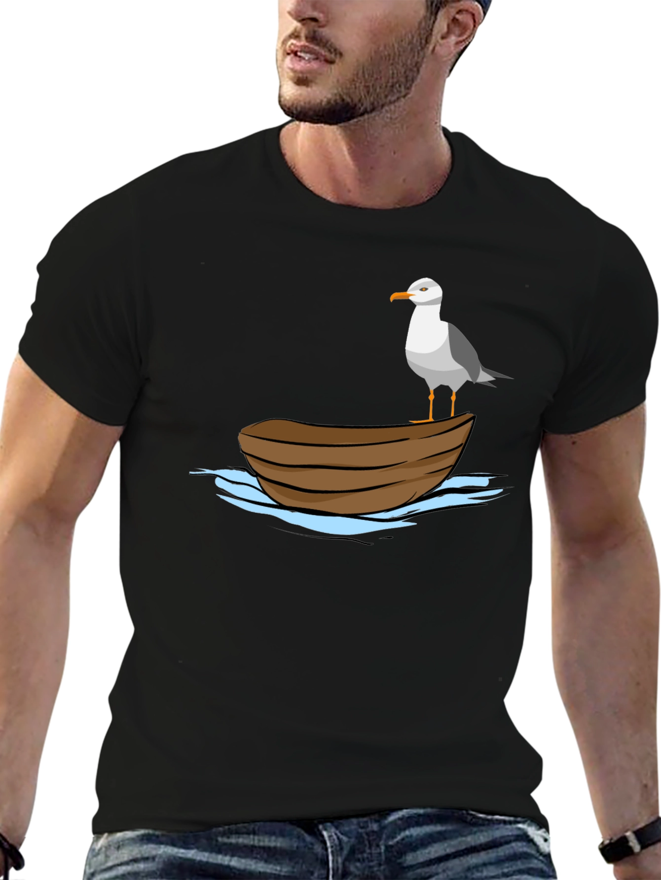 Seagull on Boat Graphic Tee - Black Cotton T-Shirt