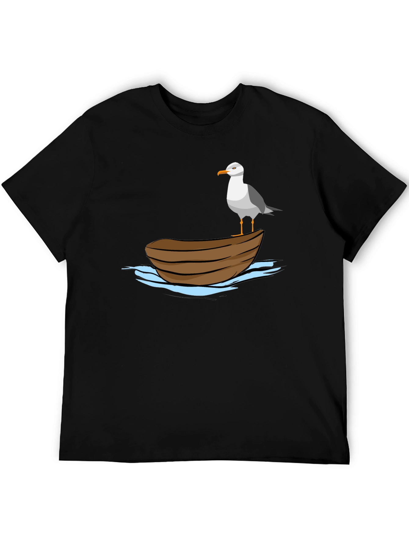 Seagull on Boat Graphic Tee - Black Cotton T-Shirt