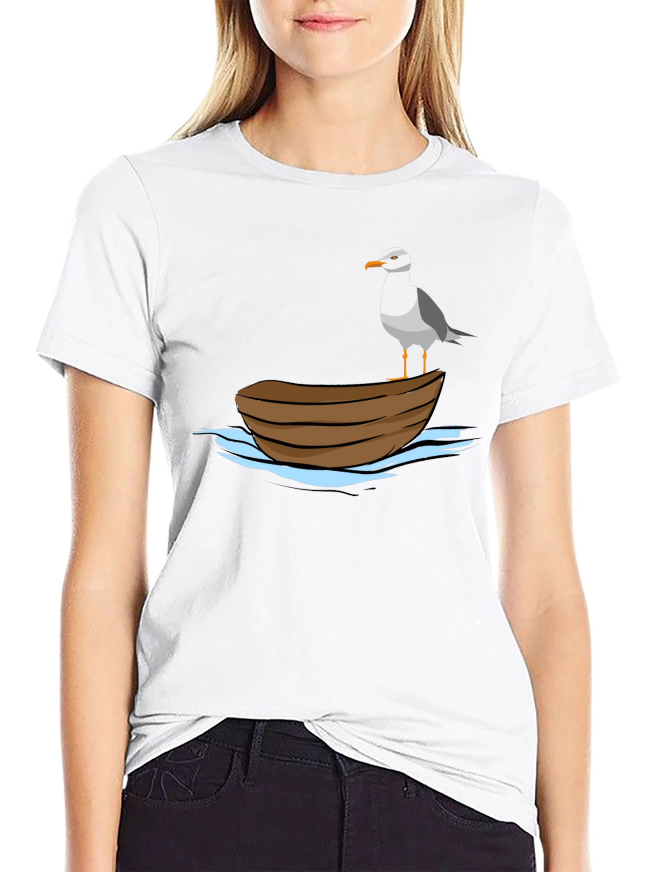 Seagull on Boat Graphic Tee - Black Cotton T-Shirt
