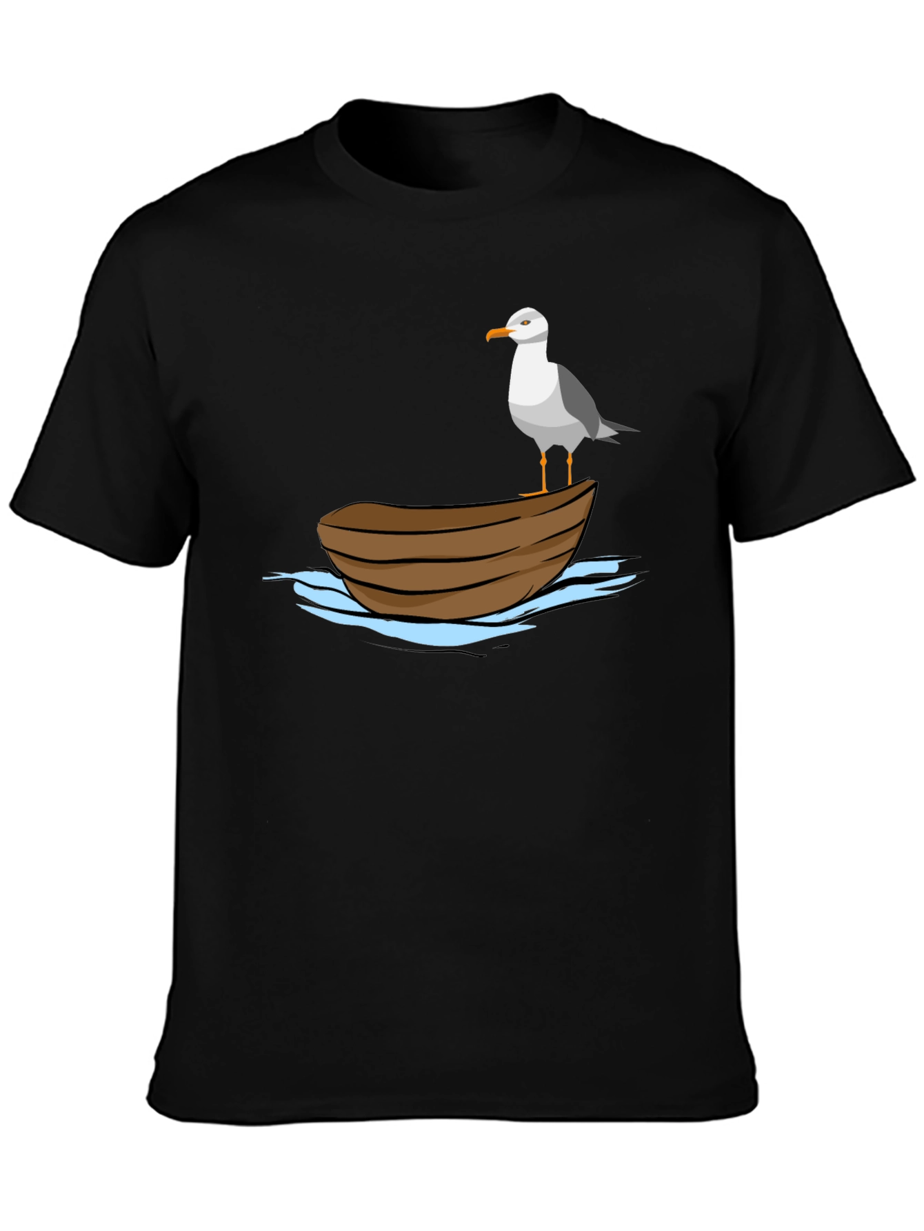 Seagull on Boat Graphic Tee - Black Cotton T-Shirt