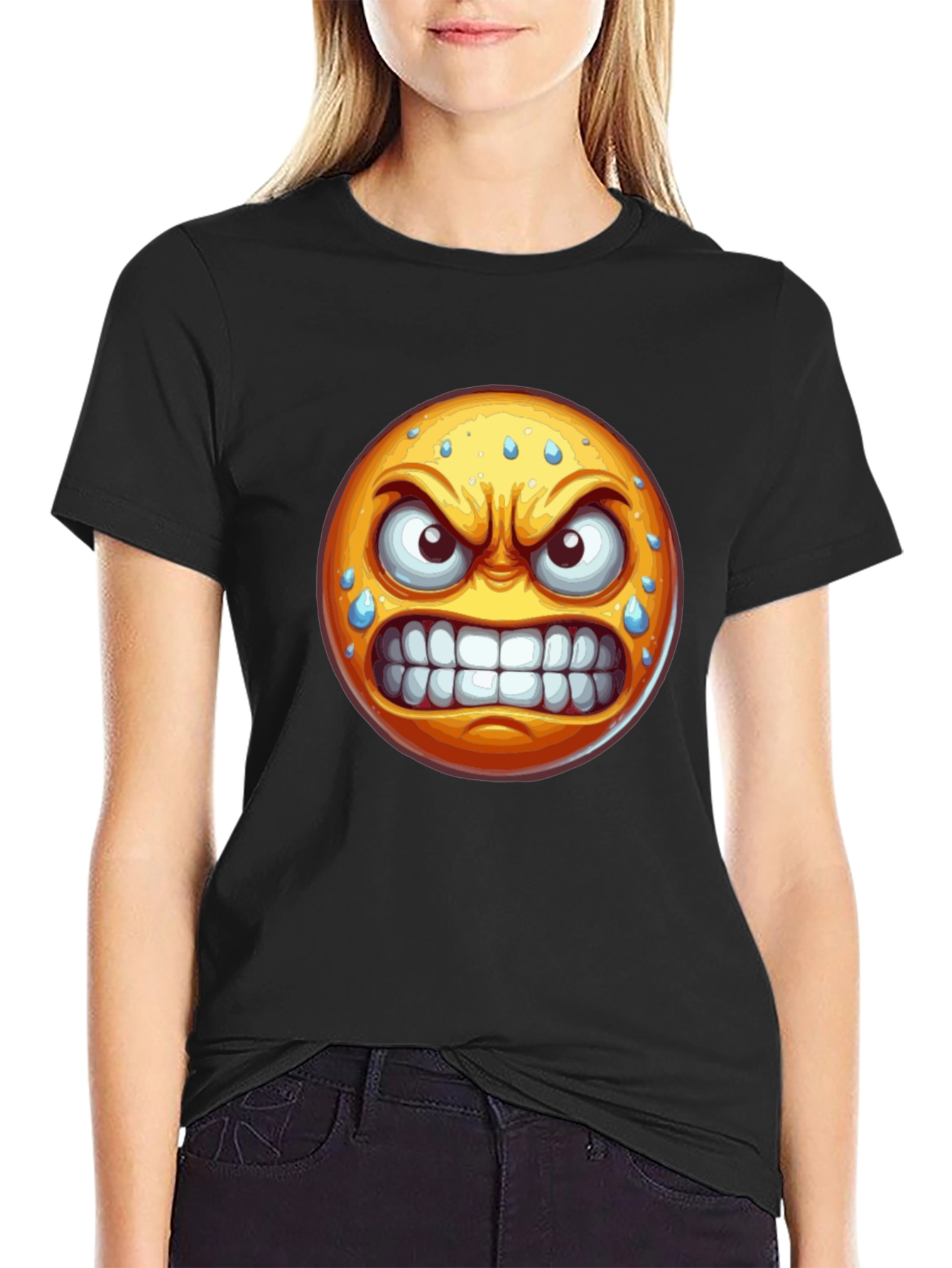 Angry Emoji Graphic T-Shirt - Black Cotton Blend