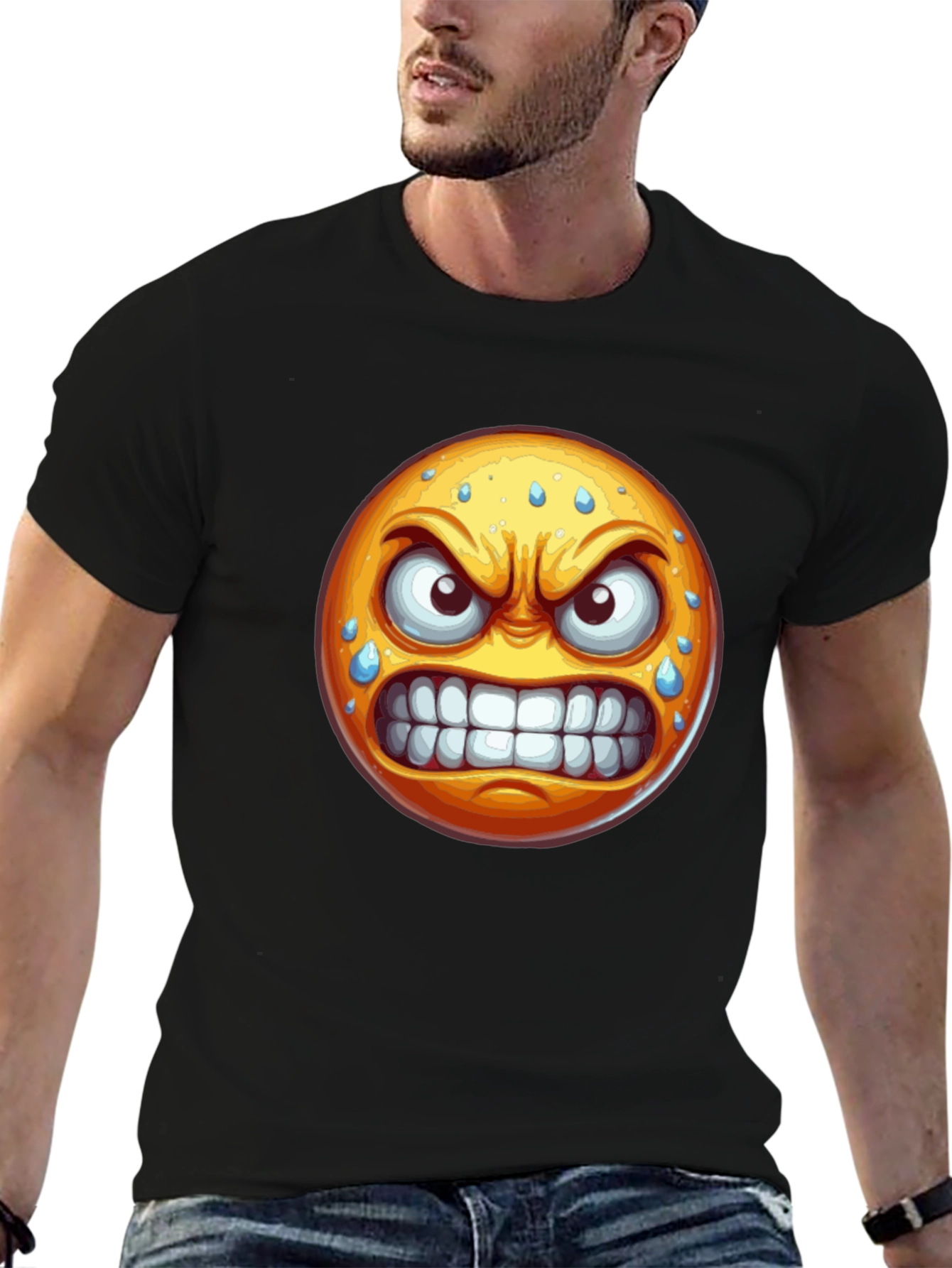 Angry Emoji Graphic T-Shirt - Black Cotton Blend