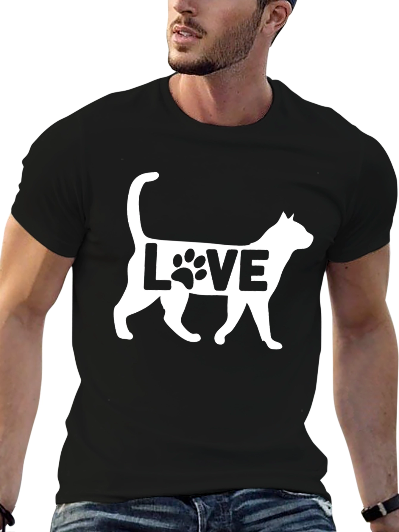 Cat Love Graphic Print Black T-Shirt