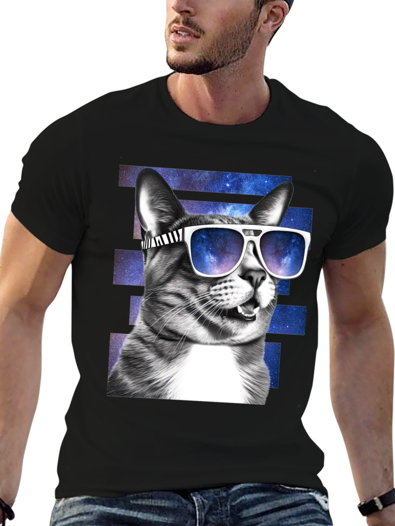 Cool Cat Graphic Tee - Trendy Mens Black T-Shirt