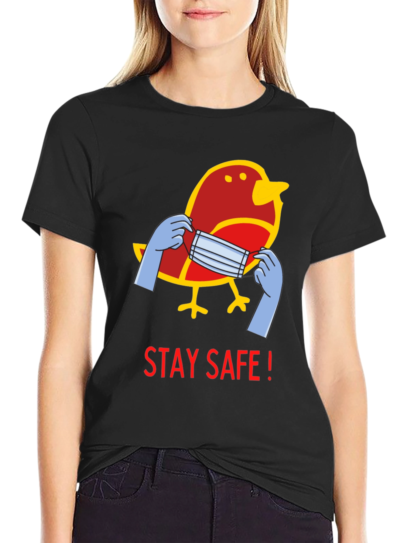 Stay Safe Bird Graphic Tee - Black Casual T-Shirt
