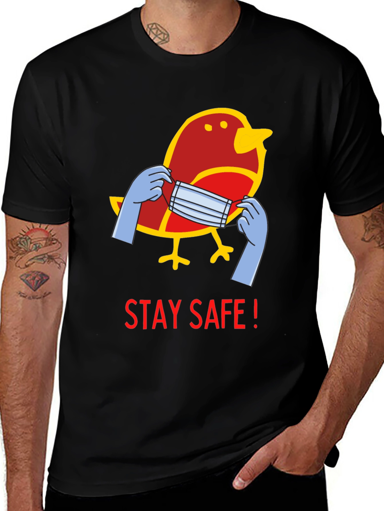 Stay Safe Bird Graphic Tee - Black Casual T-Shirt