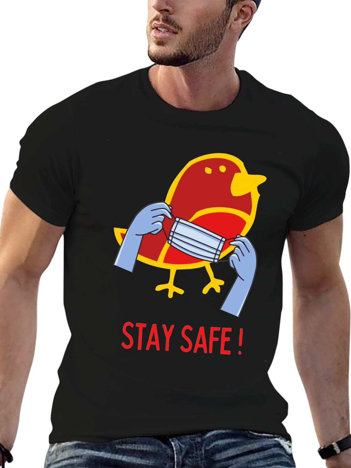 Stay Safe Bird Graphic Tee - Black Casual T-Shirt