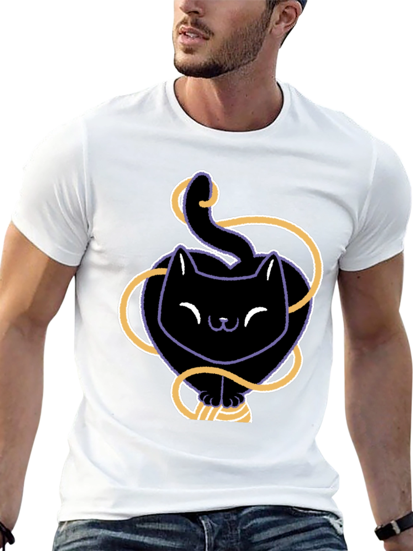 Cute Black Cat T-Shirt with Yarn Design