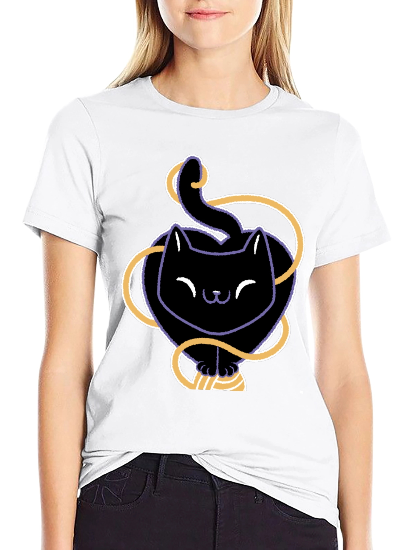 Cute Black Cat T-Shirt with Yarn Design
