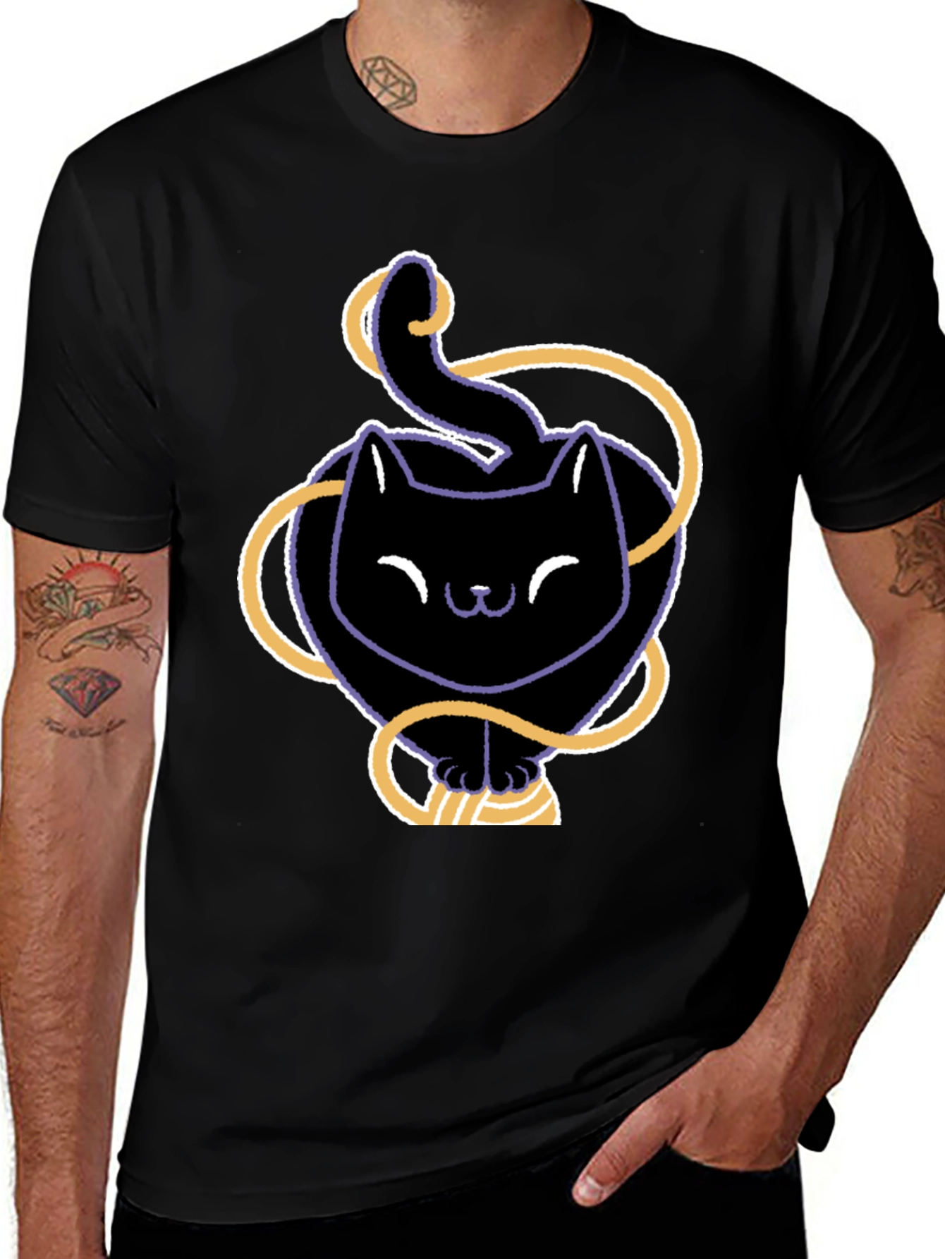 Cute Black Cat T-Shirt with Yarn Design