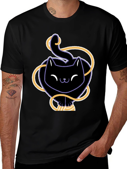 Cute Black Cat T-Shirt with Yarn Design