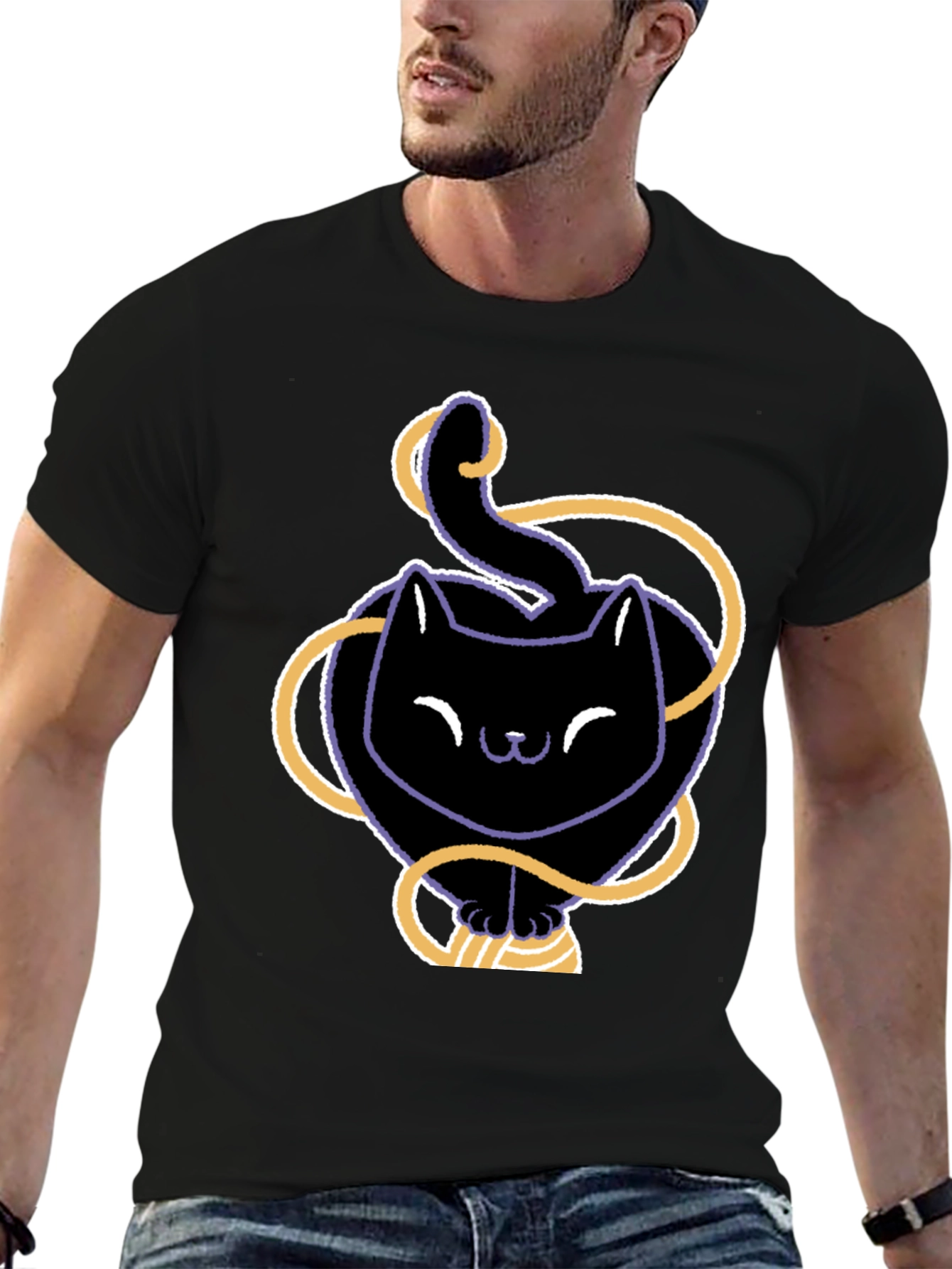 Cute Black Cat T-Shirt with Yarn Design