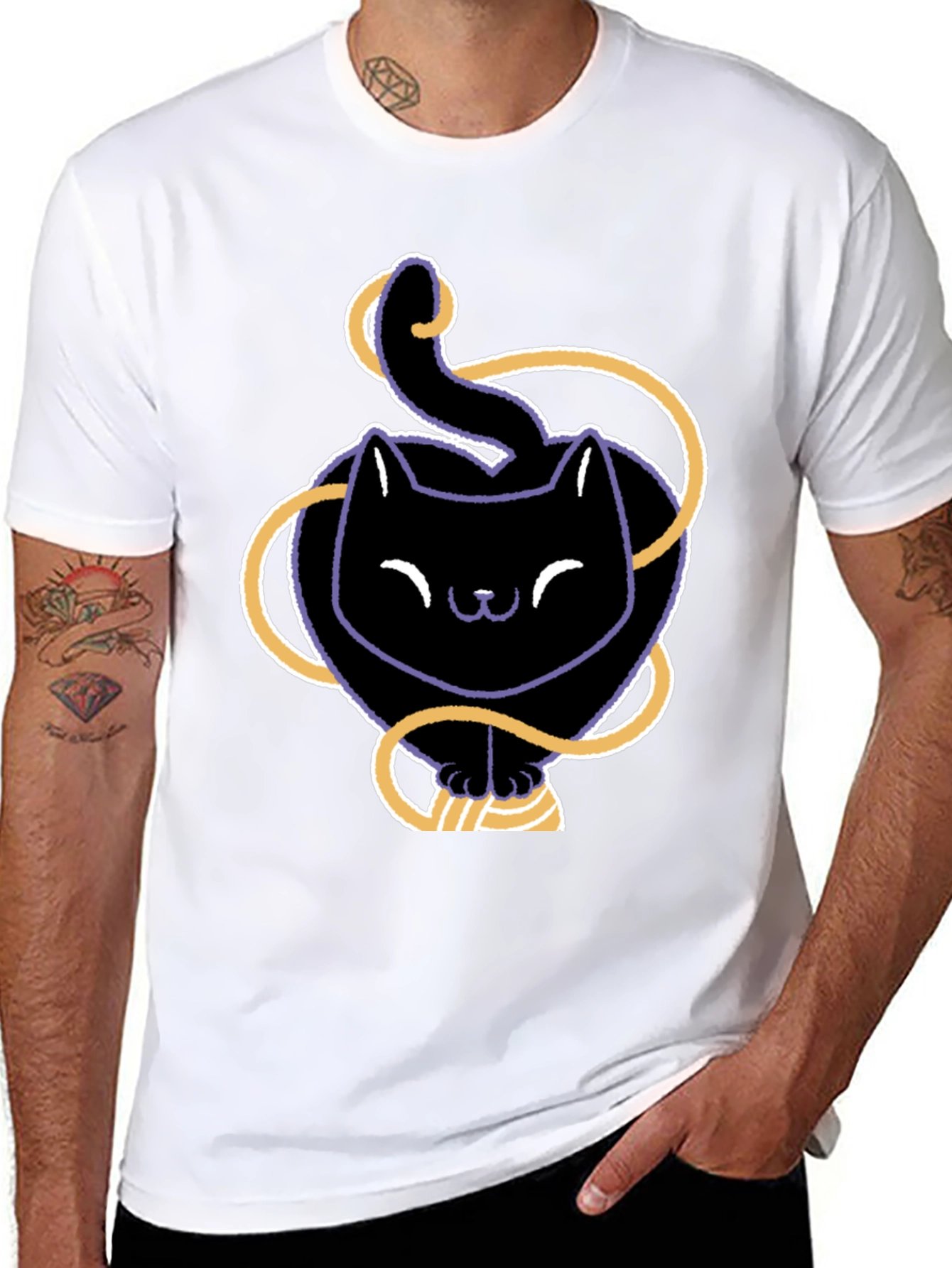 Cute Black Cat T-Shirt with Yarn Design
