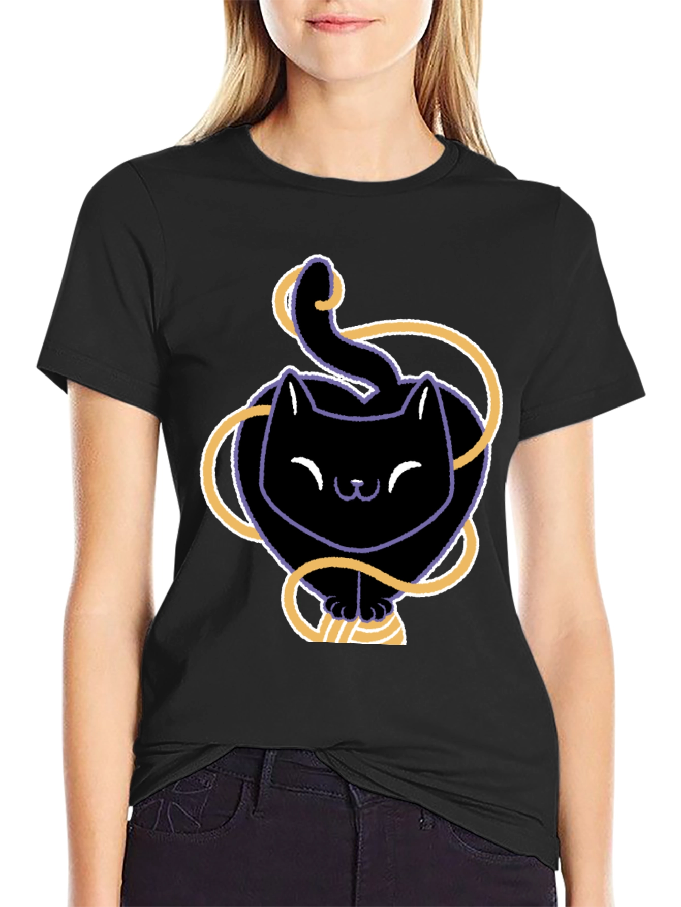 Cute Black Cat T-Shirt with Yarn Design